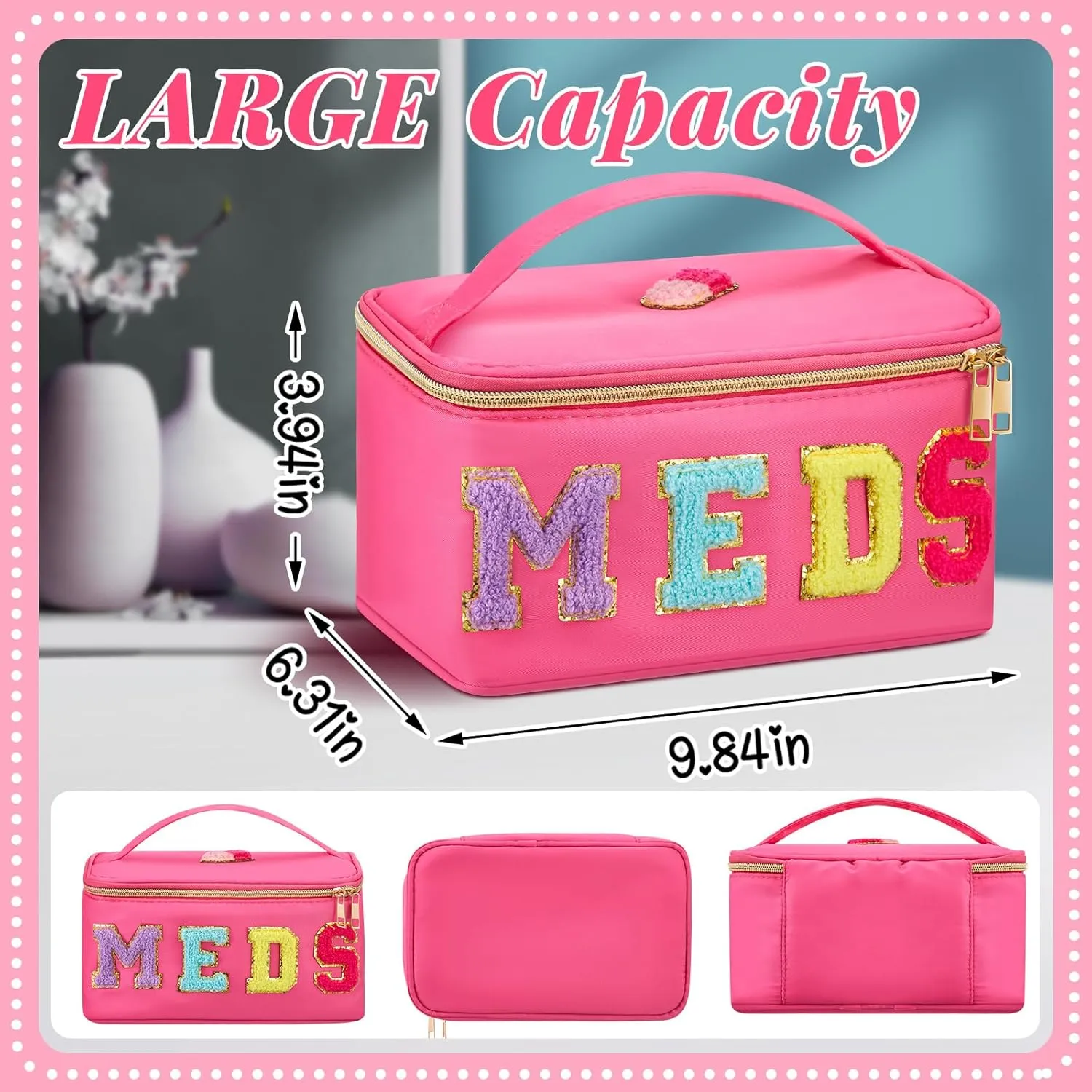 Geetery Chenille Letter Bag Nylon Meds Makeup Cases Preppy Patch with Zipper, Portable Cosmetic Toiletry Storage Bag for Women(Rose Red)