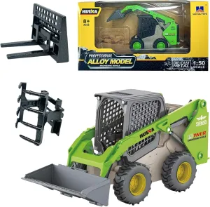 Gemini & Genius Construction Truck 3 in 1 Skid Steer Loader with Metal Forklift and Grab Shovel Construction Vehicle 1/50 Scale Alloy Wheeled Loader Toys for Kids(Wheeled/Green)