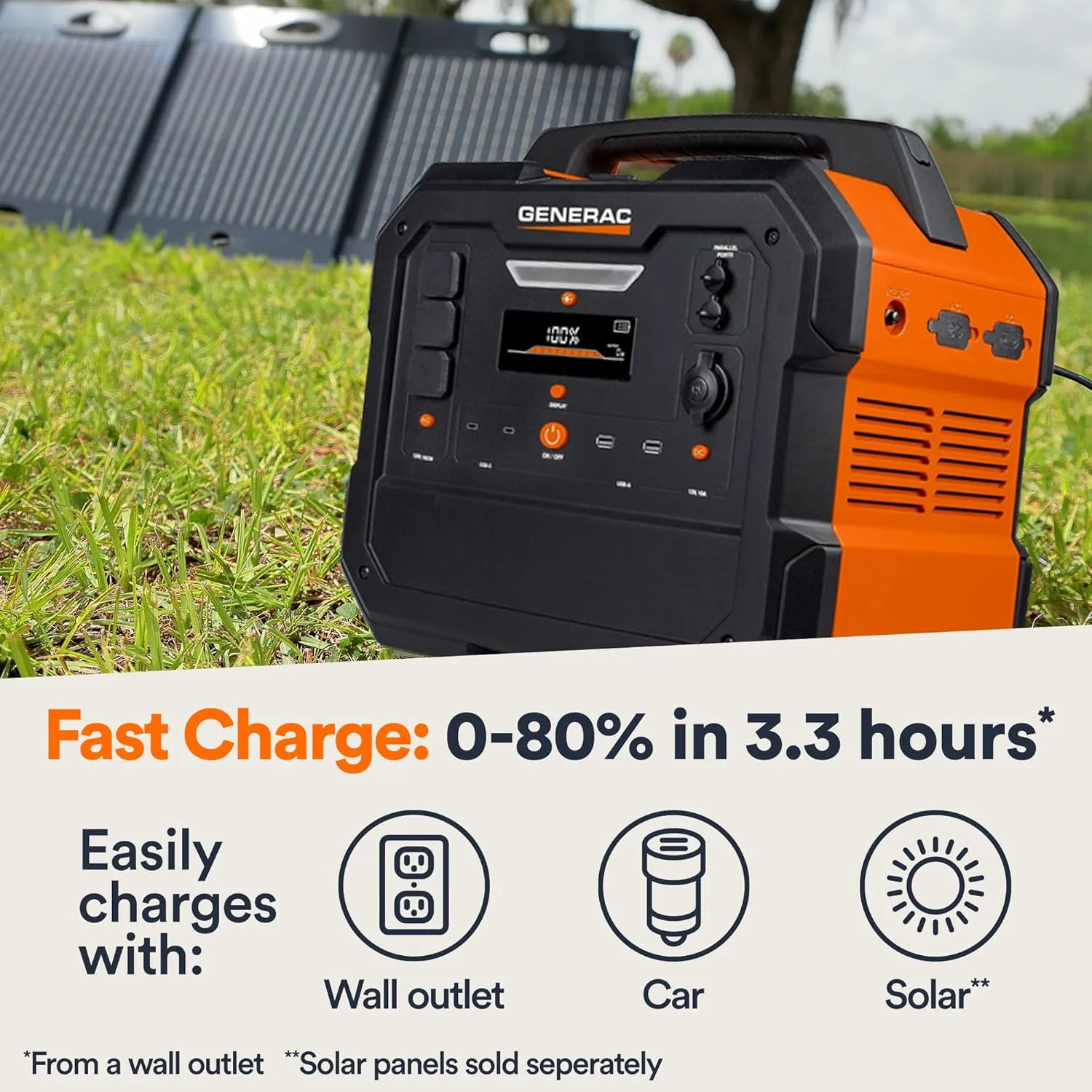Generac 2106Wh Portable Power Station with Lithium-Ion Battery - Clean, Emission-Free Power - Wirless Charging Pad and Compact Design - Camping, RV, Indoor/Outdoor Use - Orange/Black