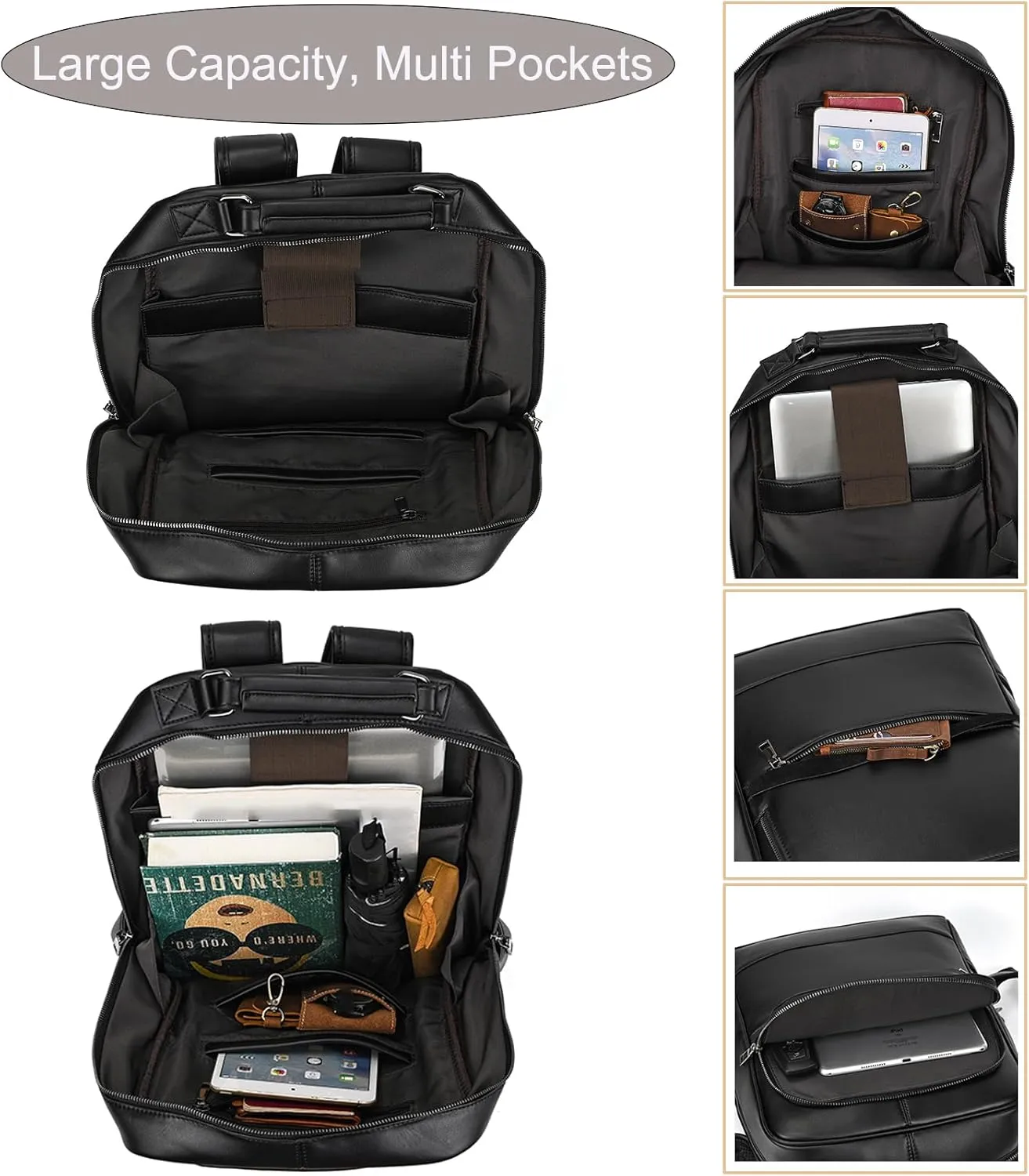 Genuine Leather Laptop Backpack for Men and Women, Casual Daypack Vintage Rucksack Slim Travel Outdoor Business Shoulder Bag with Utility Pockets, Black