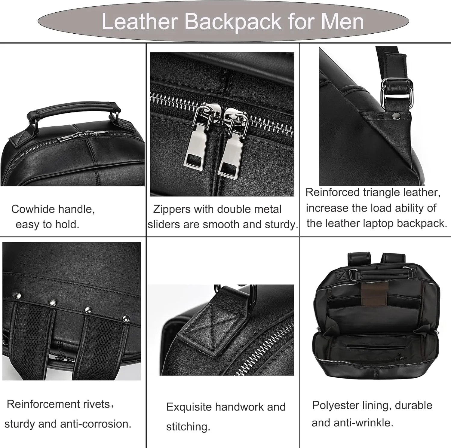 Genuine Leather Laptop Backpack for Men and Women, Casual Daypack Vintage Rucksack Slim Travel Outdoor Business Shoulder Bag with Utility Pockets, Black