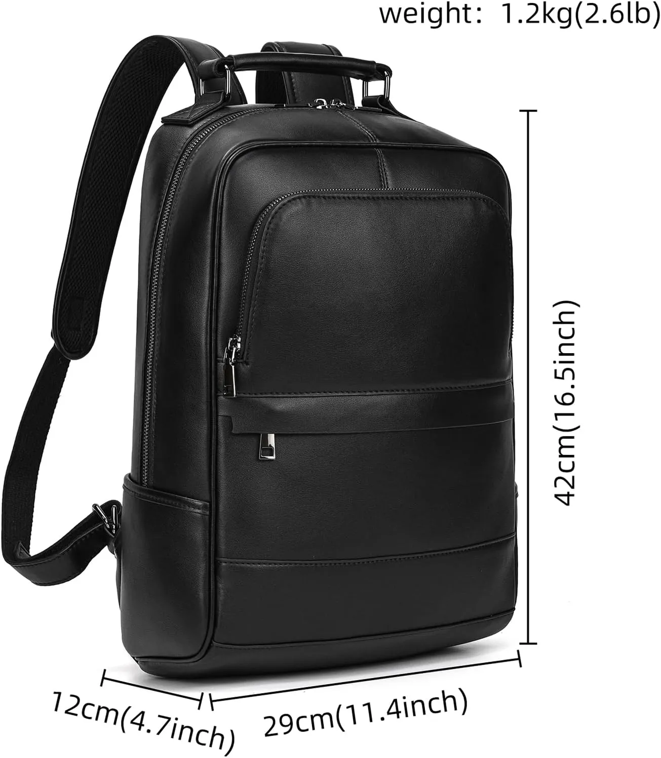 Genuine Leather Laptop Backpack for Men and Women, Casual Daypack Vintage Rucksack Slim Travel Outdoor Business Shoulder Bag with Utility Pockets, Black