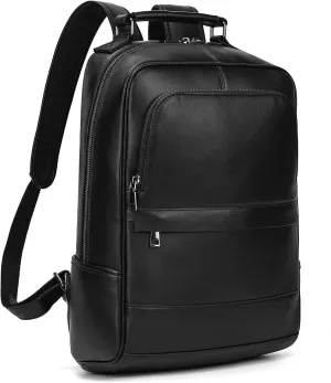 Genuine Leather Laptop Backpack for Men and Women, Casual Daypack Vintage Rucksack Slim Travel Outdoor Business Shoulder Bag with Utility Pockets, Black