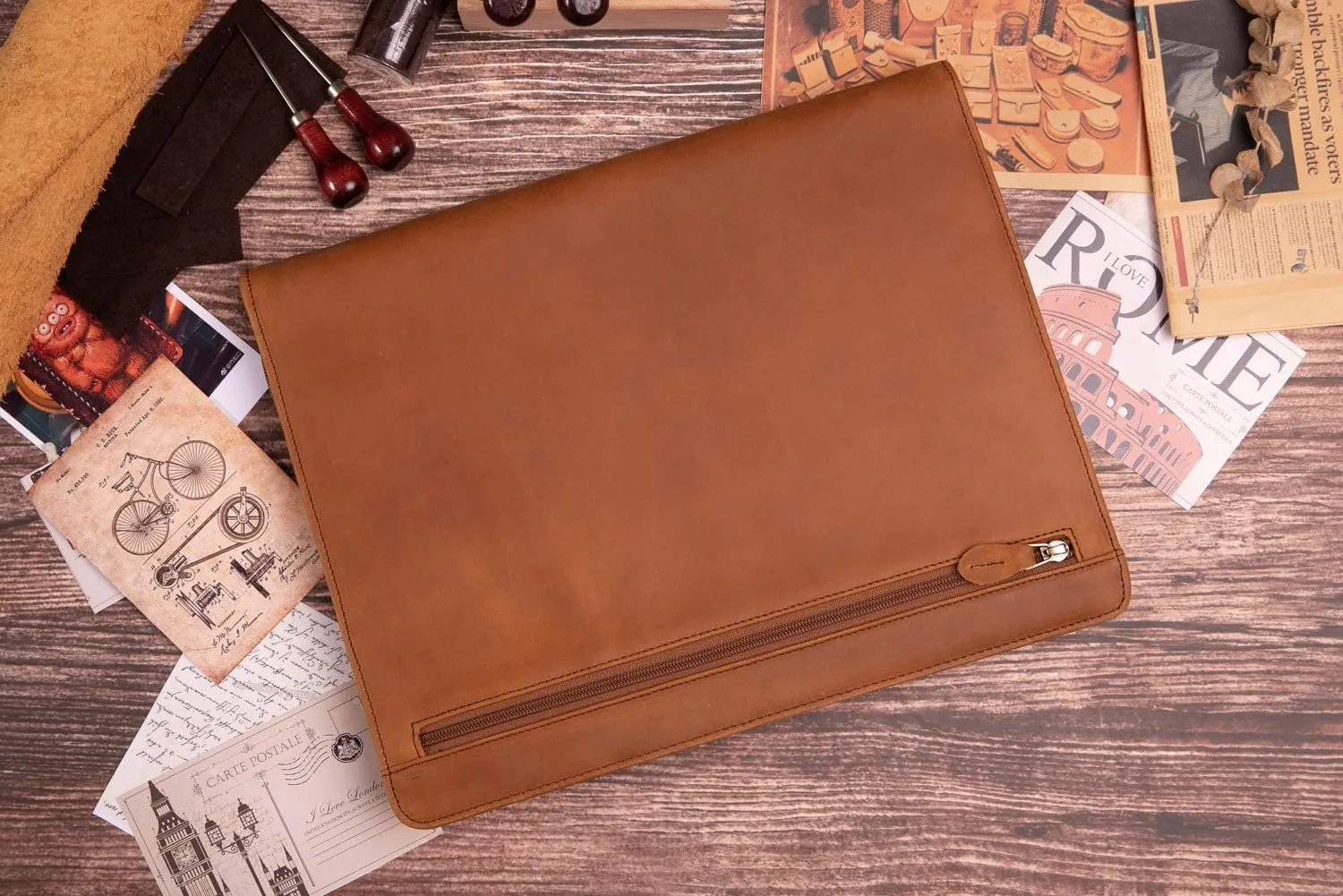 Genuine Leather Professioal Business Portfolio Padfolio Folder with Zipper for Men and Women,Work Portfolio with Notepad for Meeting and Travel, Brown