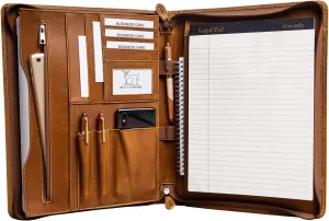 Genuine Leather Professioal Business Portfolio Padfolio Folder with Zipper for Men and Women,Work Portfolio with Notepad for Meeting and Travel, Brown