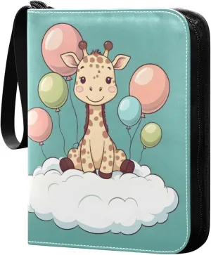 Giraffe with Balloons on Cloud Card Binder 4 Pocket Trading Card Album Fits 400 Sports/Game Cards, PU Cover 3 Ring Card Collection with 50 Removable Sleeves
