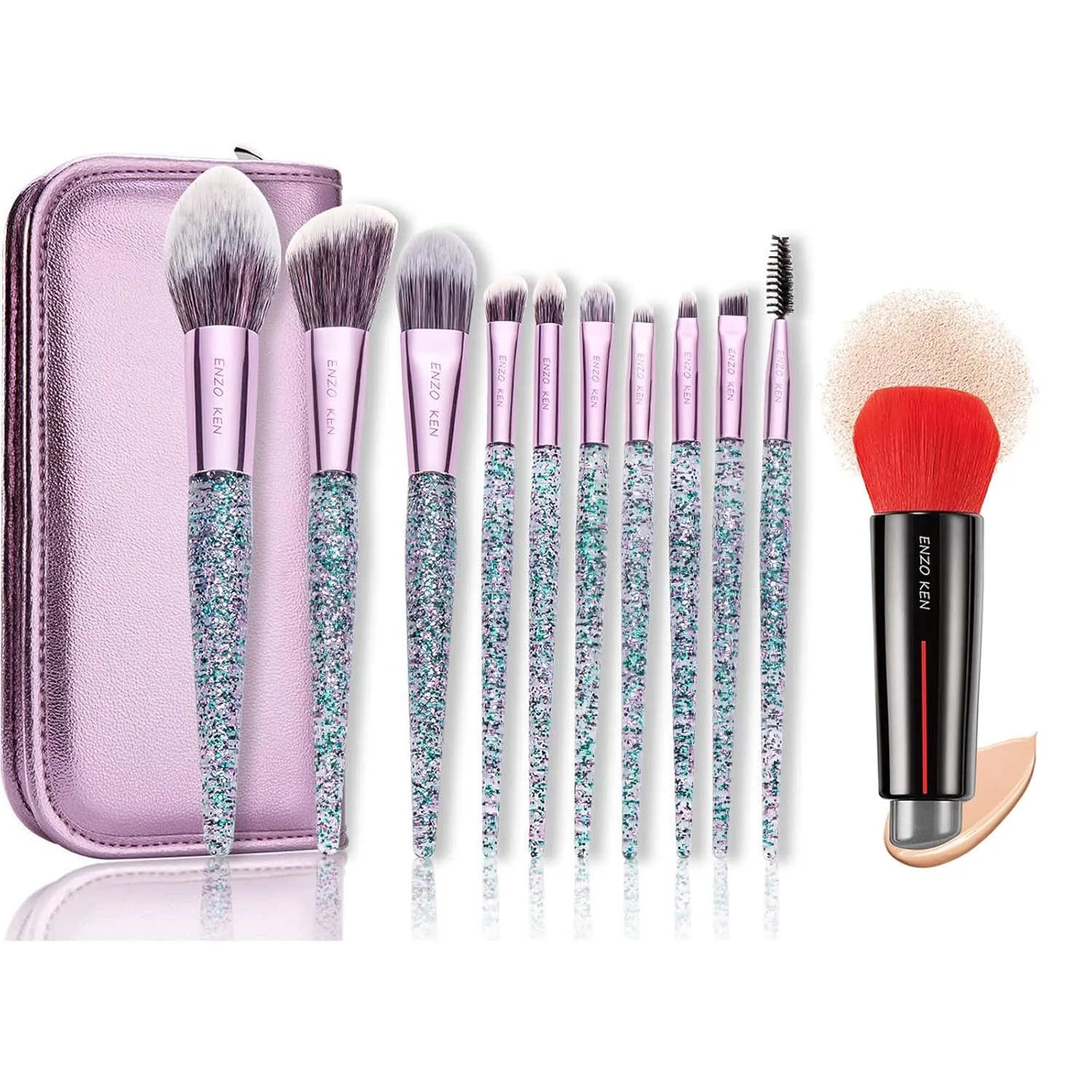 Glitter Makeup Brushes Set with Case, Vegan Makeup Brush Set Professional   Double End Kabuki Foundation Brush