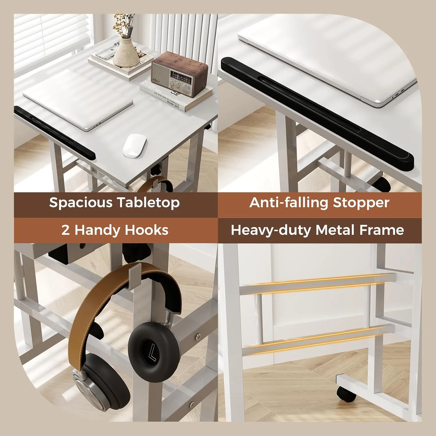 GOFLAME Mobile Standing Desk, Height Adjustable Stand Up Computer Workstation, 2 Split Tops, Tiltable Desktop, Rolling Podium Stand, Portable Laptop Cart with Wheels for Home Office, White