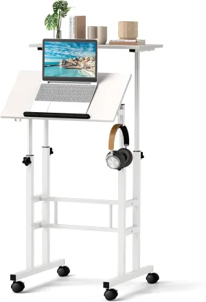 GOFLAME Mobile Standing Desk, Height Adjustable Stand Up Computer Workstation, 2 Split Tops, Tiltable Desktop, Rolling Podium Stand, Portable Laptop Cart with Wheels for Home Office, White