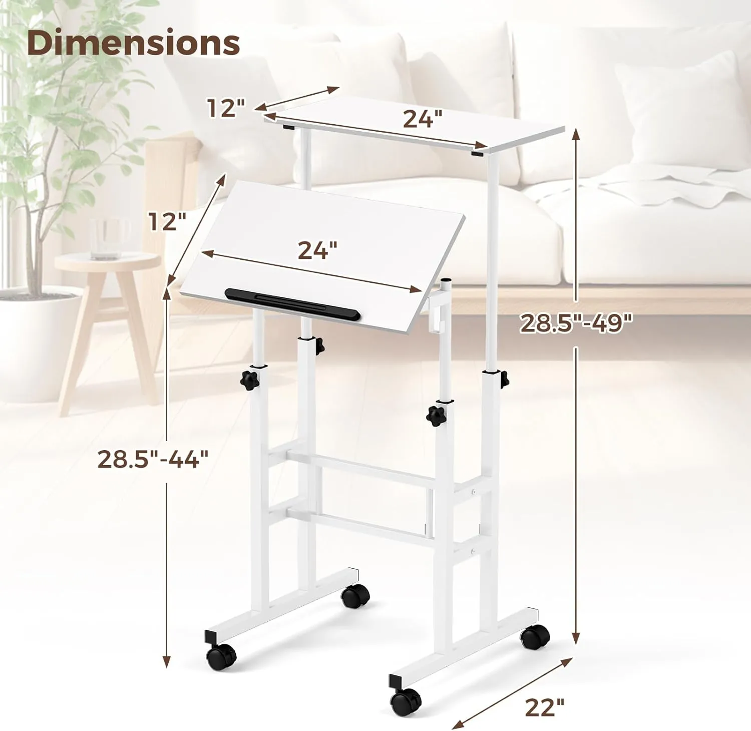 GOFLAME Mobile Standing Desk, Height Adjustable Stand Up Computer Workstation, 2 Split Tops, Tiltable Desktop, Rolling Podium Stand, Portable Laptop Cart with Wheels for Home Office, White