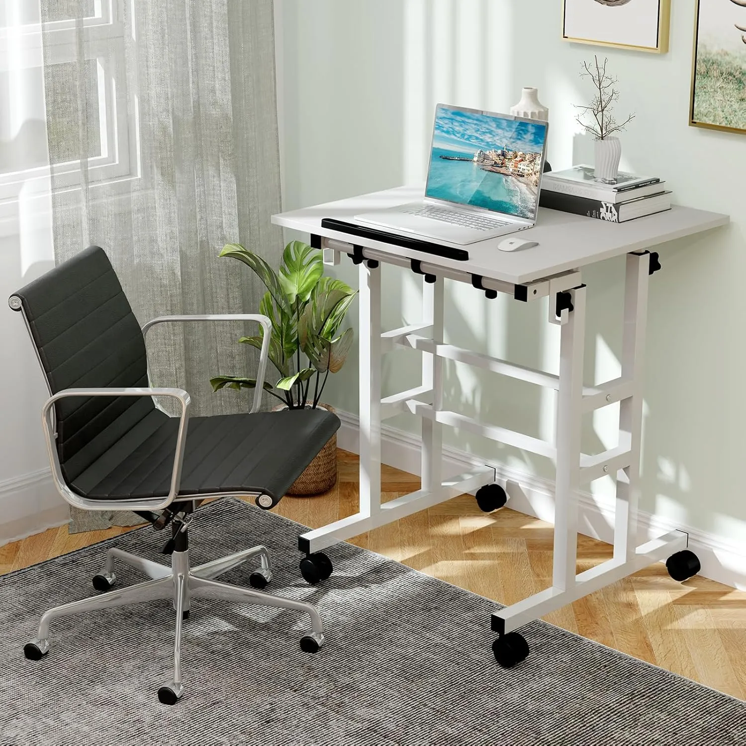 GOFLAME Mobile Standing Desk, Height Adjustable Stand Up Computer Workstation, 2 Split Tops, Tiltable Desktop, Rolling Podium Stand, Portable Laptop Cart with Wheels for Home Office, White