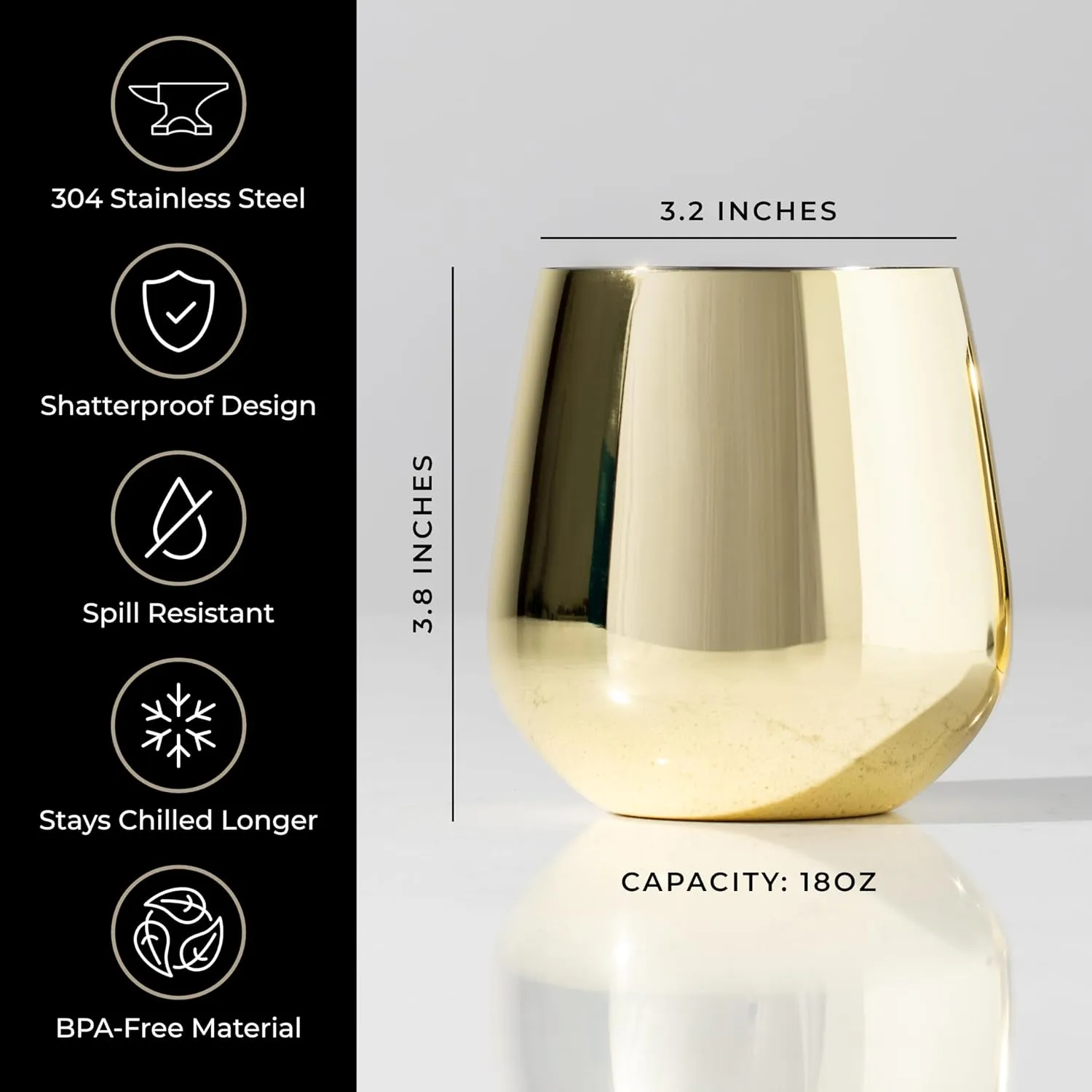 Gold Wine Glasses - Stemless Stainless Steel Wine Glasses Set of 4 with Aerator - Unbreakable Metal Glass for Outdoor, Travel, Camping, Pool, Golden Goblet - 18oz