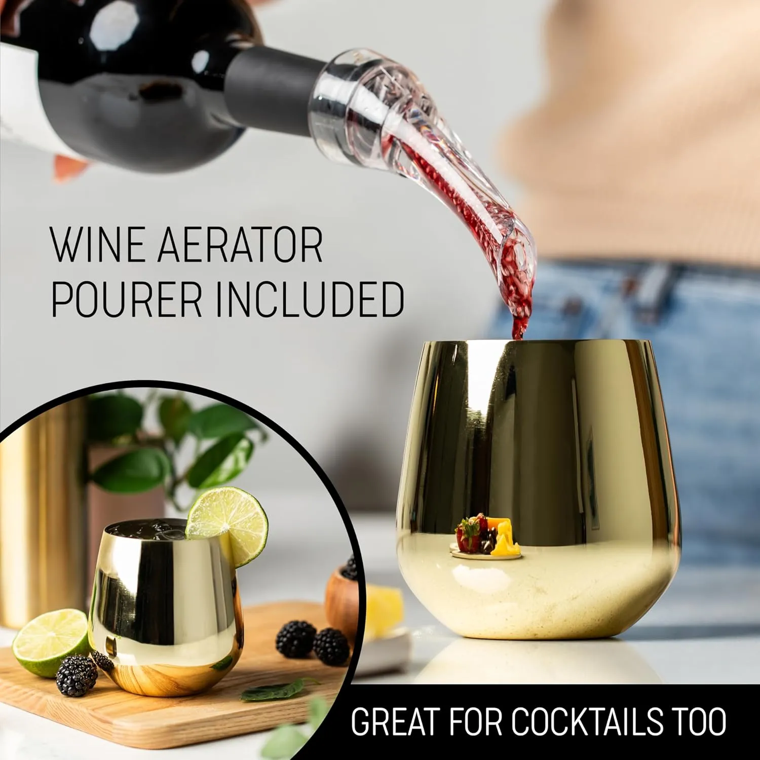 Gold Wine Glasses - Stemless Stainless Steel Wine Glasses Set of 4 with Aerator - Unbreakable Metal Glass for Outdoor, Travel, Camping, Pool, Golden Goblet - 18oz