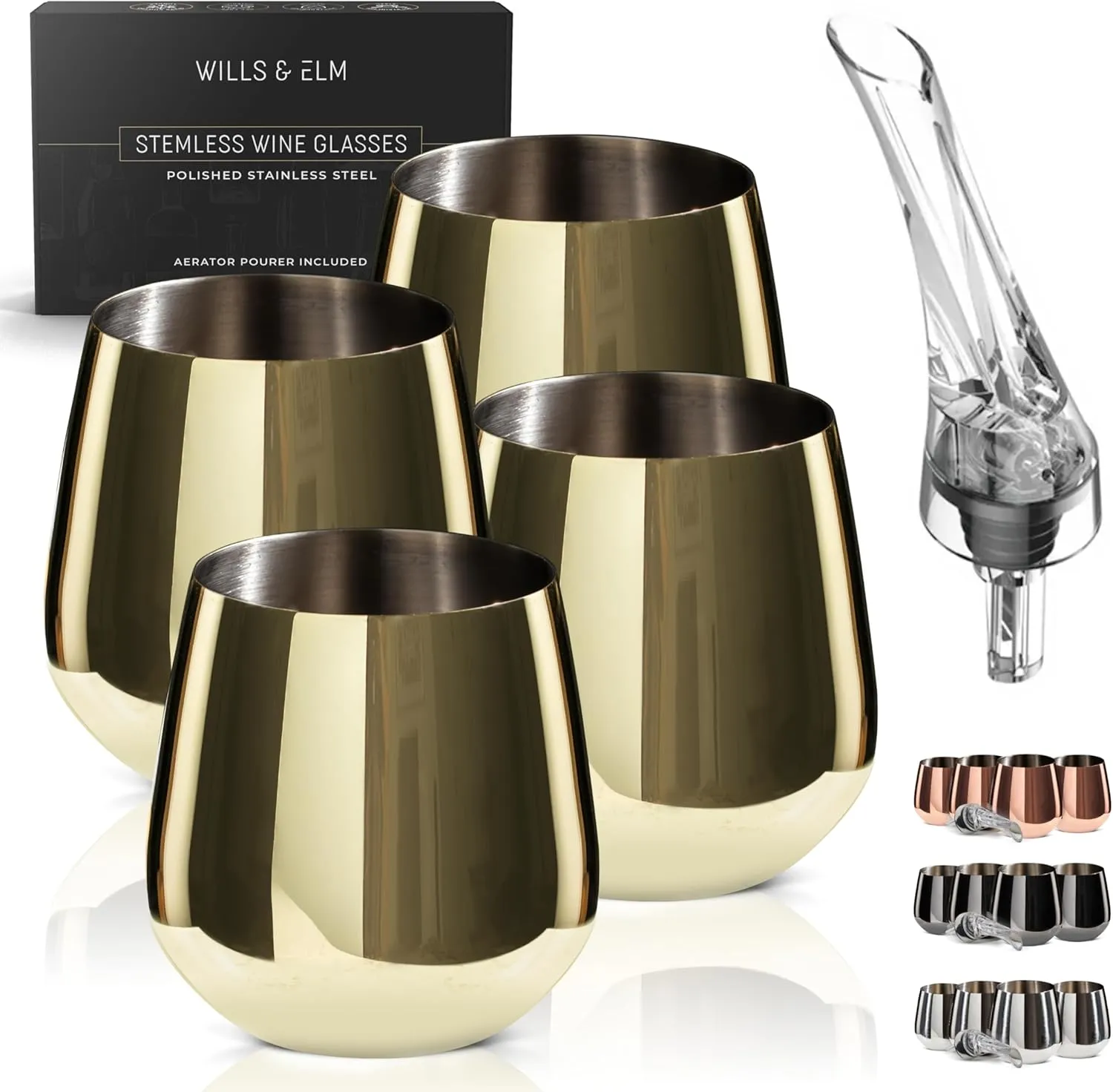 Gold Wine Glasses - Stemless Stainless Steel Wine Glasses Set of 4 with Aerator - Unbreakable Metal Glass for Outdoor, Travel, Camping, Pool, Golden Goblet - 18oz