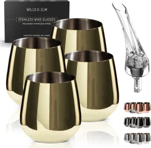 Gold Wine Glasses - Stemless Stainless Steel Wine Glasses Set of 4 with Aerator - Unbreakable Metal Glass for Outdoor, Travel, Camping, Pool, Golden Goblet - 18oz