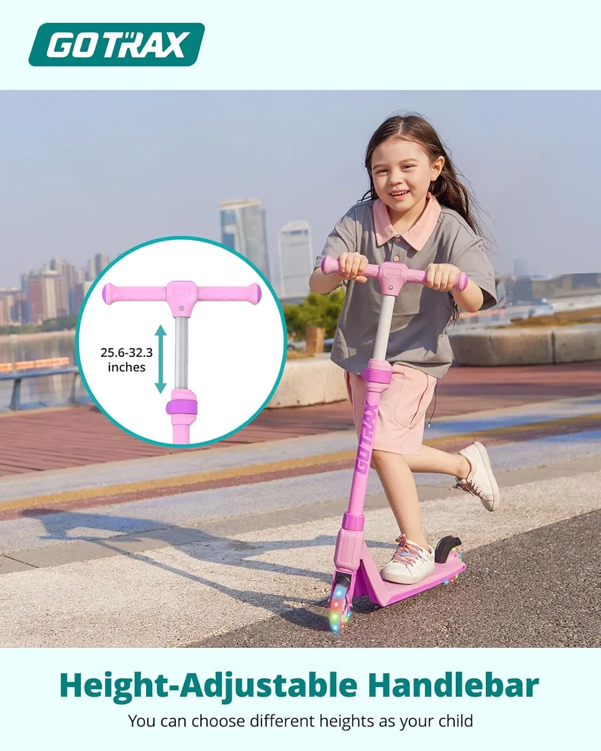 Gotrax K03 Kick Scooter for Kids, 5" LED RGB Lighted Wheels, 4.6 Lbs Lightweight and One-Click Detachable Design, Height Adjustable Handlebars, Anti-Slip Deck and Max Load 110 Lbs for Boy&Girl Age 3 
