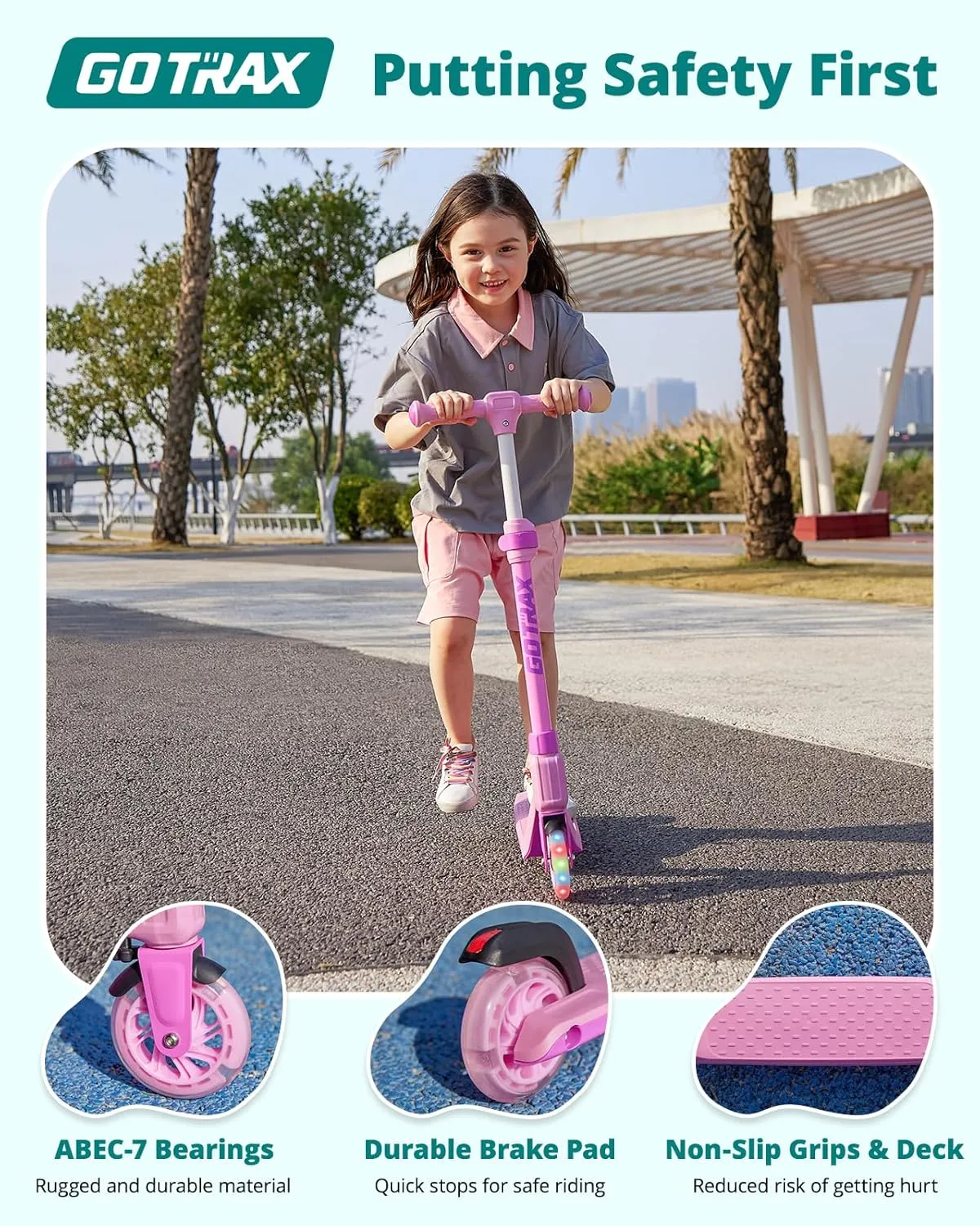 Gotrax K03 Kick Scooter for Kids, 5" LED RGB Lighted Wheels, 4.6 Lbs Lightweight and One-Click Detachable Design, Height Adjustable Handlebars, Anti-Slip Deck and Max Load 110 Lbs for Boy&Girl Age 3 