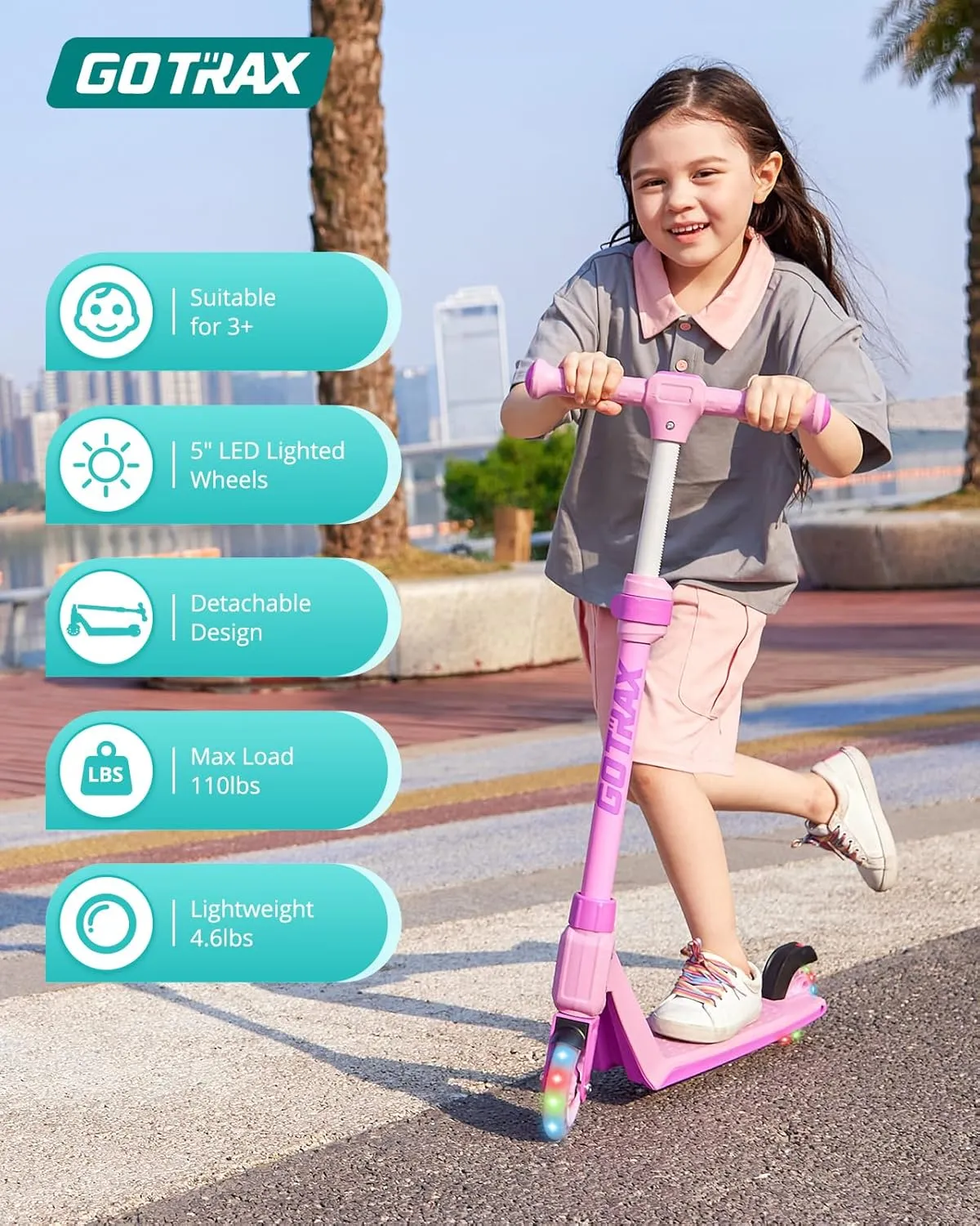 Gotrax K03 Kick Scooter for Kids, 5" LED RGB Lighted Wheels, 4.6 Lbs Lightweight and One-Click Detachable Design, Height Adjustable Handlebars, Anti-Slip Deck and Max Load 110 Lbs for Boy&Girl Age 3 