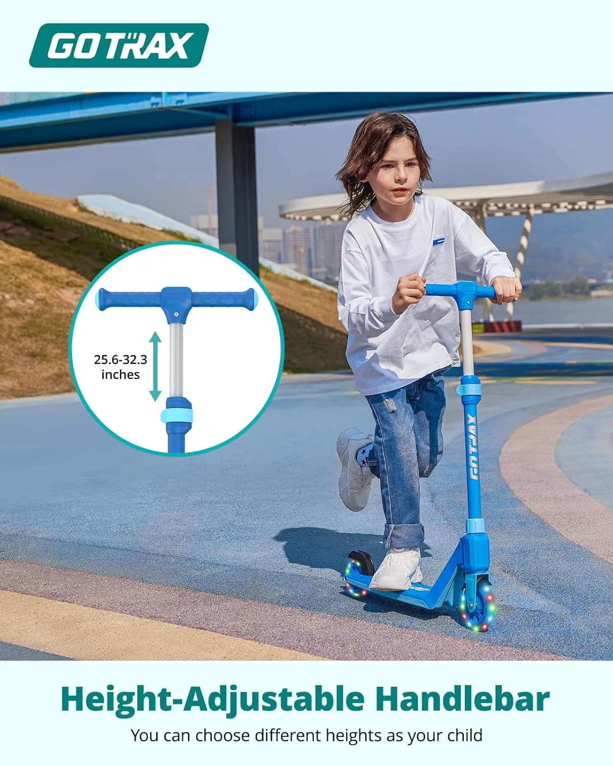 Gotrax K03 Kick Scooter for Kids, 5" LED RGB Lighted Wheels, 4.6 Lbs Lightweight and One-Click Detachable Design, Height Adjustable Handlebars, Anti-Slip Deck and Max Load 110 Lbs for Boy&Girl Age 3 