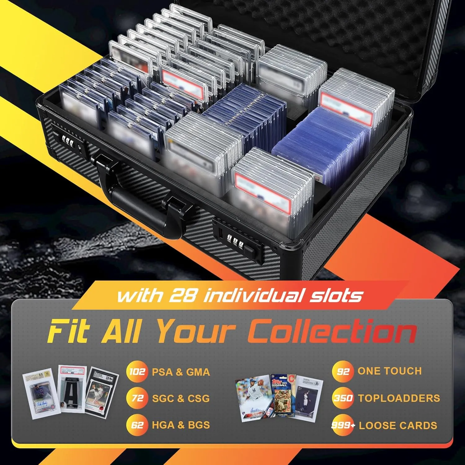 Graded Card Case with Individual Slots Storage Box, Trading Card Cases for Sports Cards with Combo Lock, Card Slab Case for Baseball Cards Storage, Graded Cards Display Box X-Large