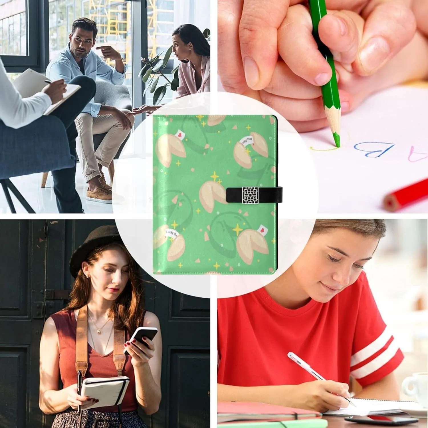 Green Fortune Cookies A5 Binder 6 Ring Refillable PU Leather Notebook Journal with Magnetic Buckle Closure Loose Leaf Travel Office Planner Budget Binder Notepad Portfolio,