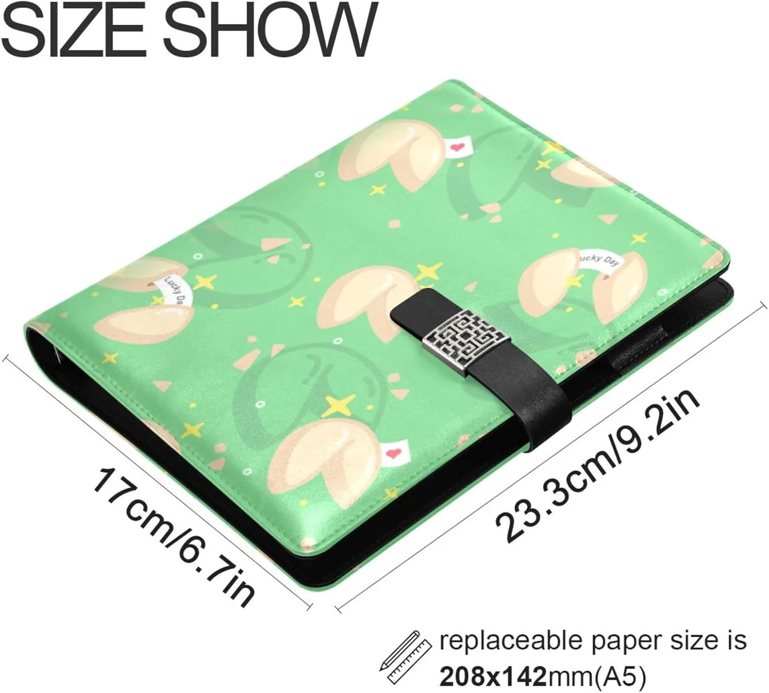 Green Fortune Cookies A5 Binder 6 Ring Refillable PU Leather Notebook Journal with Magnetic Buckle Closure Loose Leaf Travel Office Planner Budget Binder Notepad Portfolio,