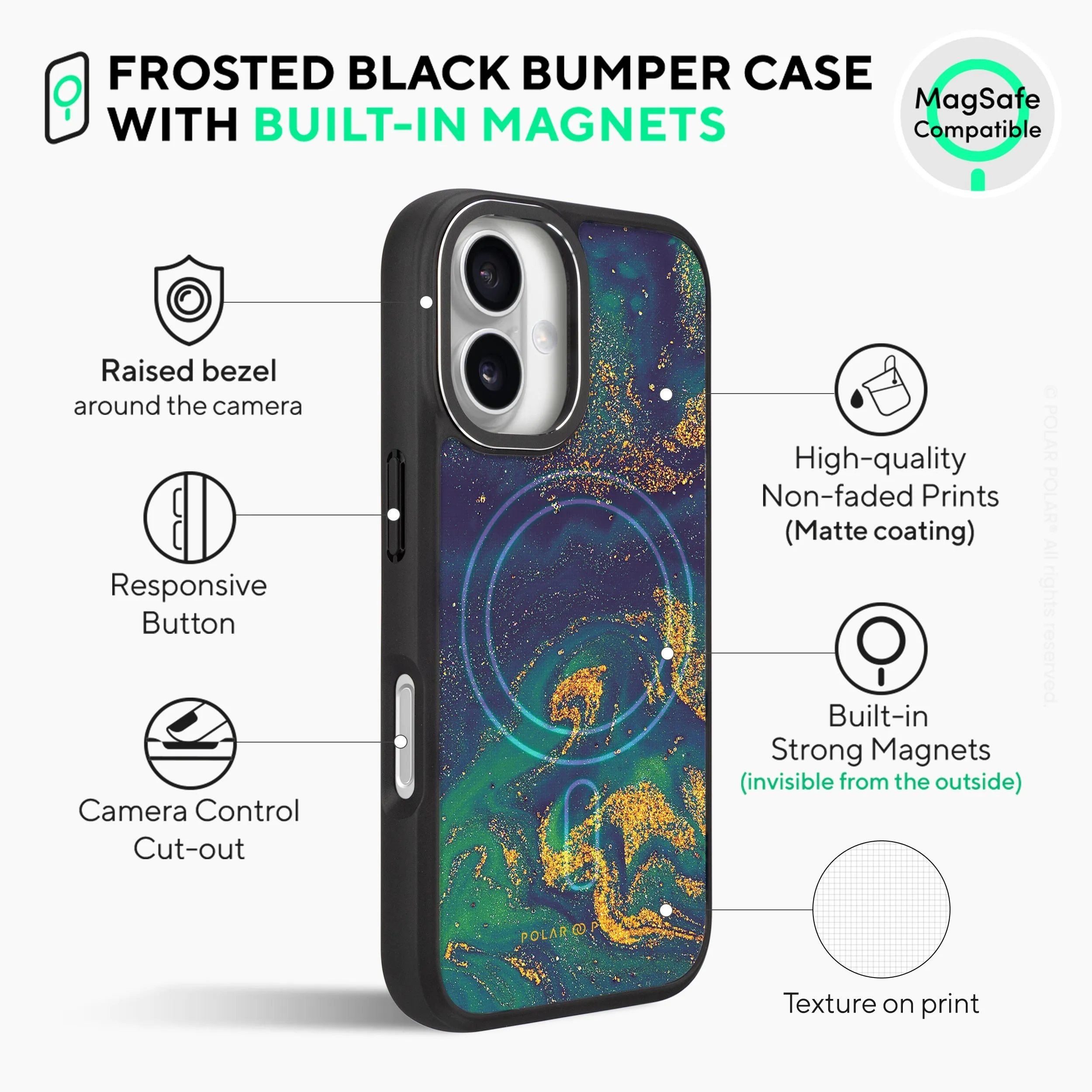 Green Night Quicksand - iPhone 16 Frosted Black Bumper MagSafe Case