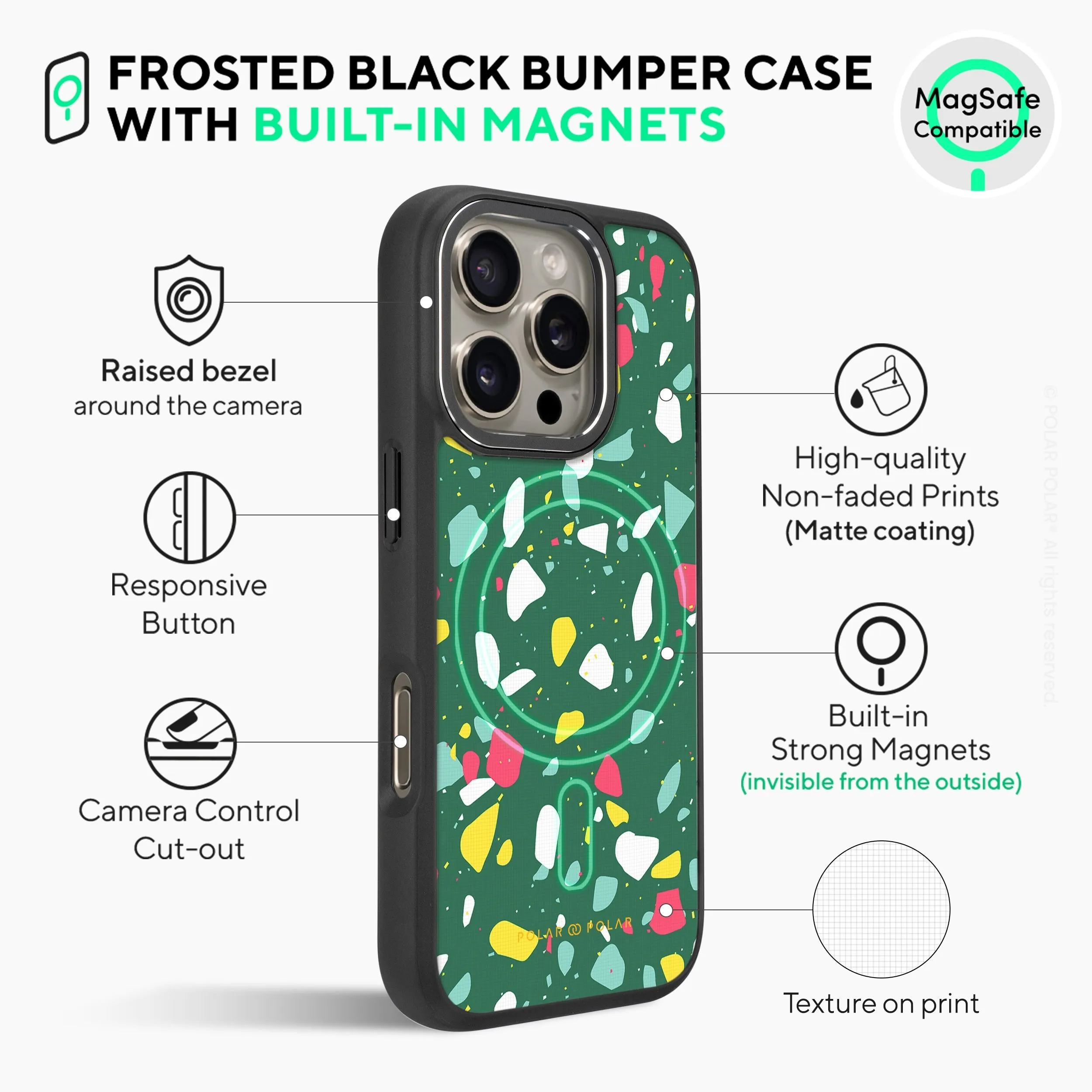 Greenfield Terrazzo - iPhone 16 Pro Max Frosted Black Bumper MagSafe Case