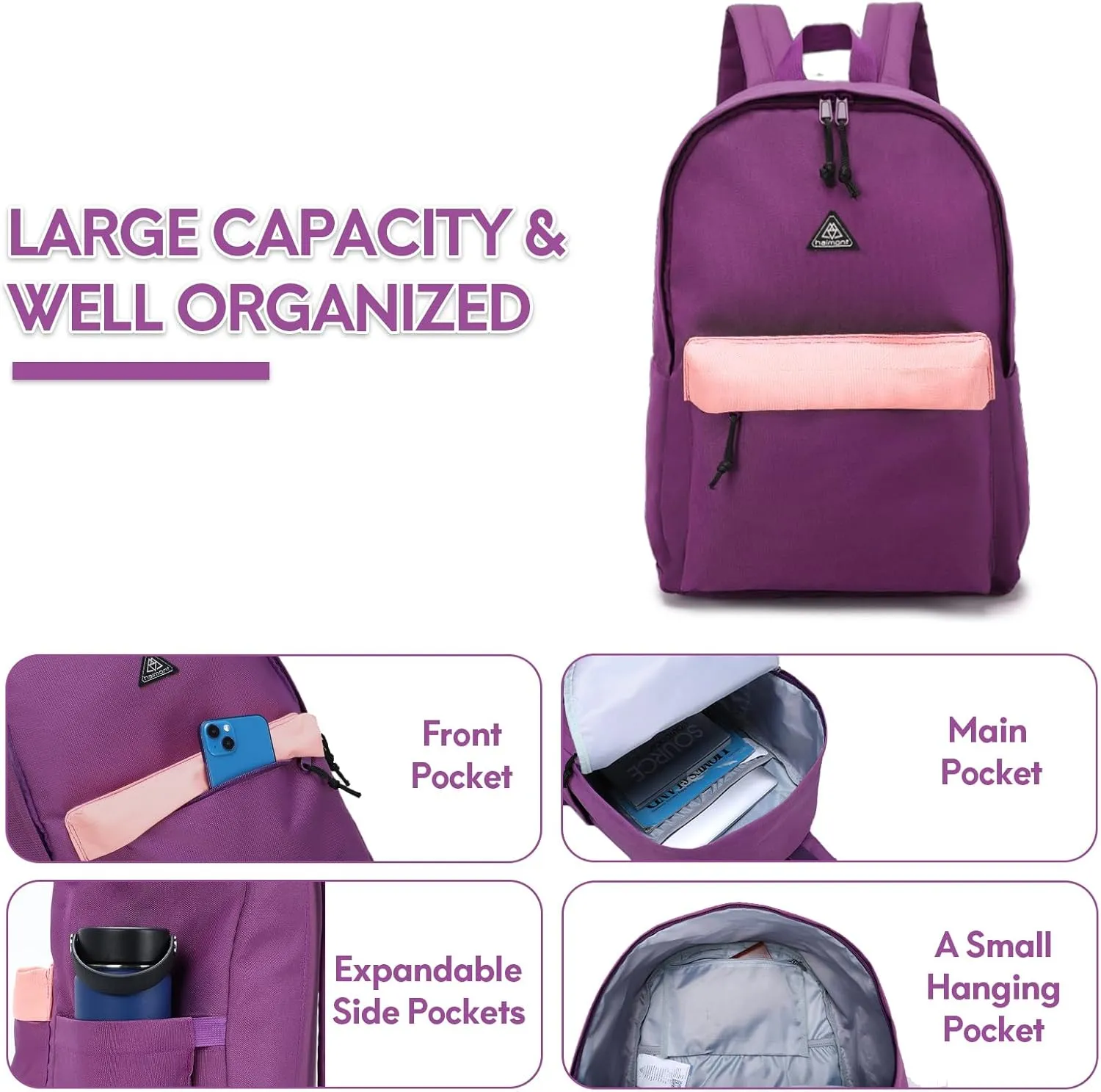 Haimont Lightweight Travel Daypack Backpack, 20L Simple Backpack for Traveling Work, Casual Laptop Bookbag Aesthetic, Dull Purple
