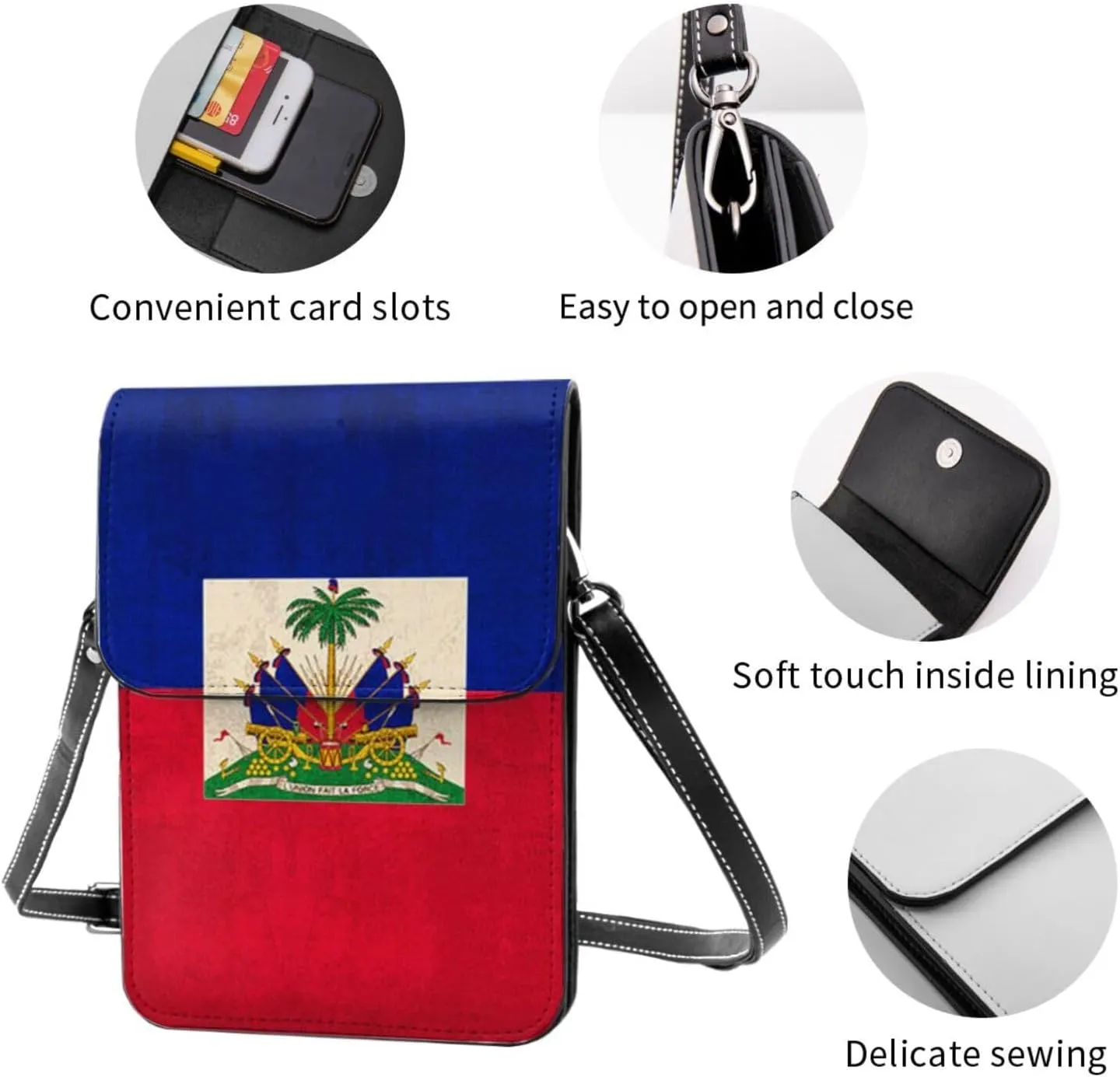 Haiti Flag Haitian Womans Crossbody Bags Leather Cell Phone Wallet Adjustable Shoulder Bags