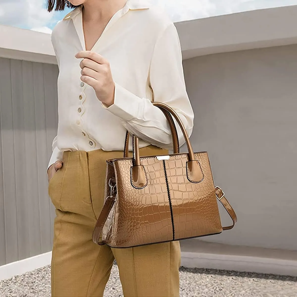 Handbag and Purse for Women Patent Leather Shoulder Bag Crocodile Pattern Top-Handle Satchel Tote Wallet