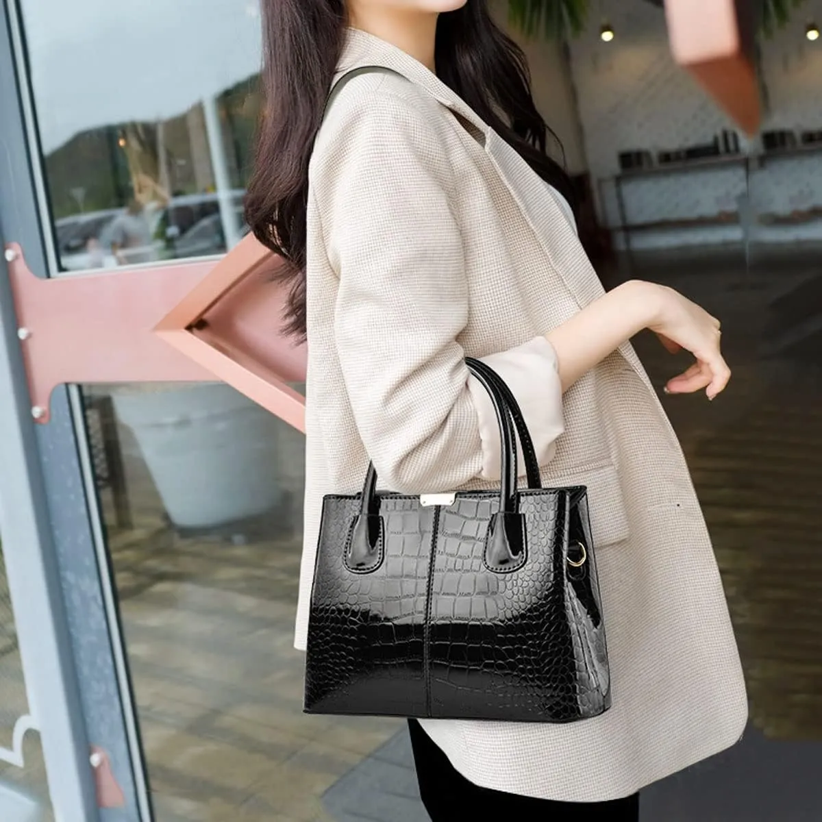 Handbag and Purse for Women Patent Leather Shoulder Bag Crocodile Pattern Top-Handle Satchel Tote Wallet