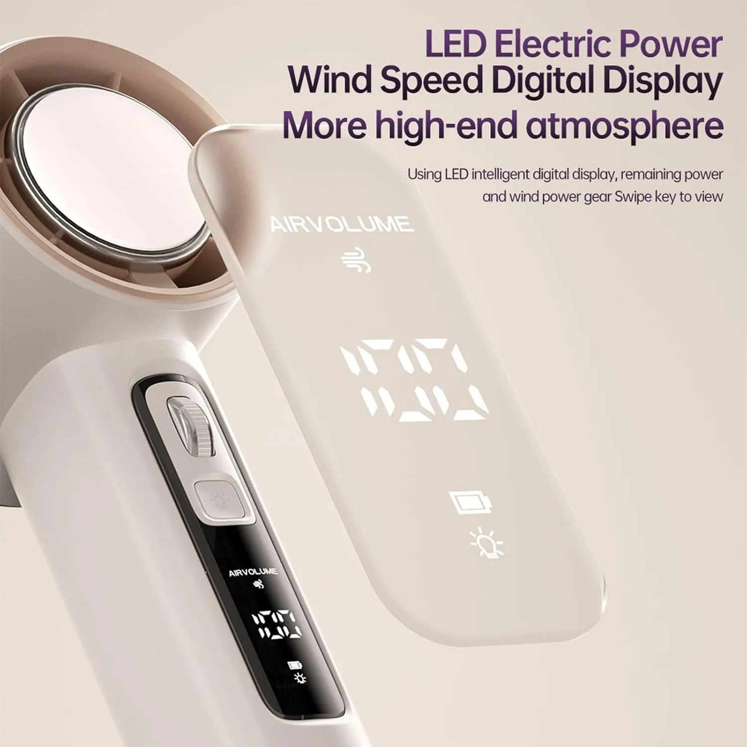 Handheld fan, Mni portable Fan USB rechargeable,Small Pocket Fan with 100 speeds to adjust, aromatherapy tablets be placed in personal fan with LED Display (Beige)