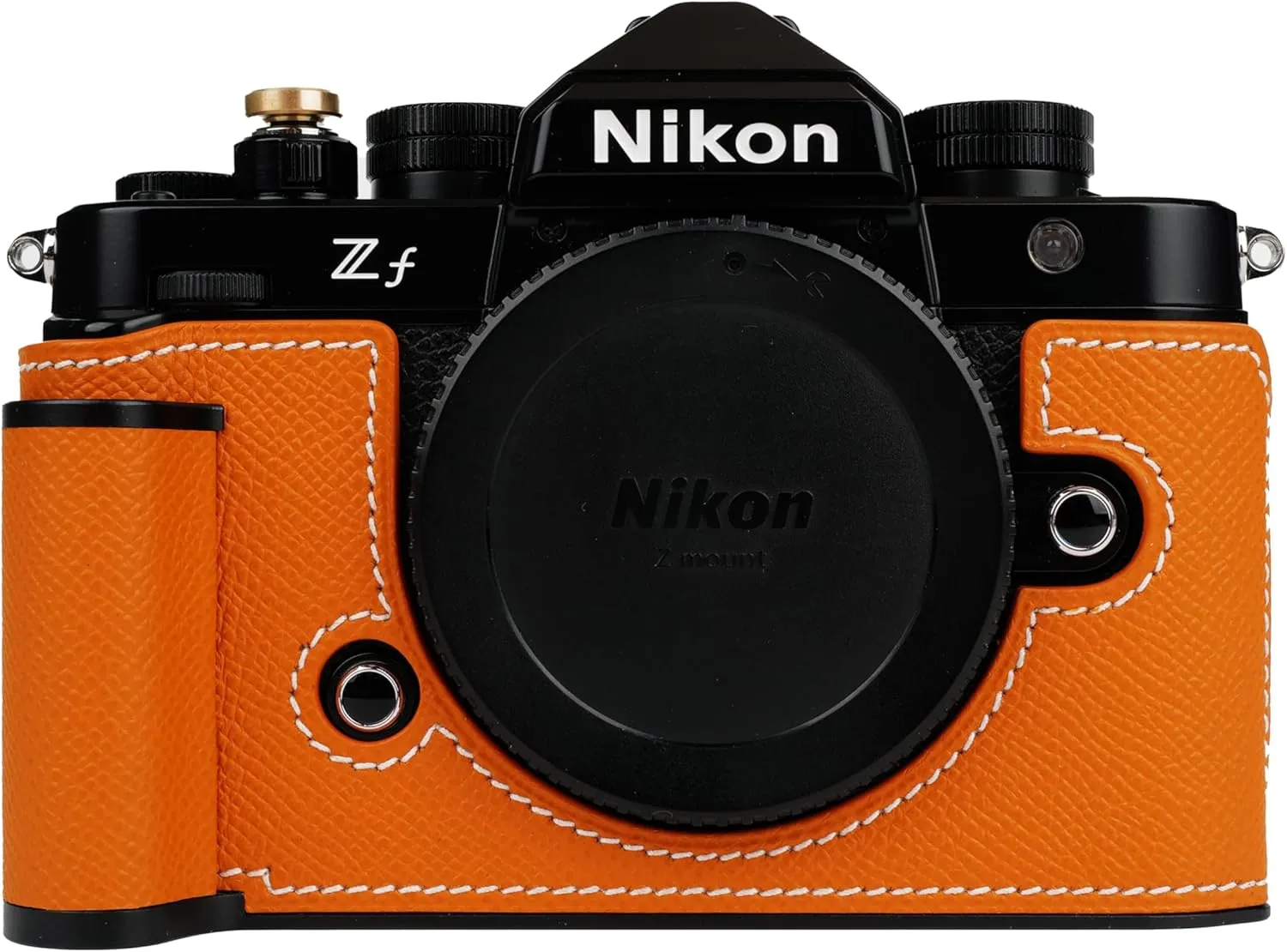Handmade Genuine Leather Camera Half Case for Nikon ZF/Nikon ZF Case - Top Layer Cowhide Body   Metal Base Plate   Hand Shank Design (Orange)