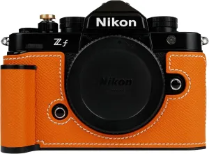 Handmade Genuine Leather Camera Half Case for Nikon ZF/Nikon ZF Case - Top Layer Cowhide Body   Metal Base Plate   Hand Shank Design (Orange)
