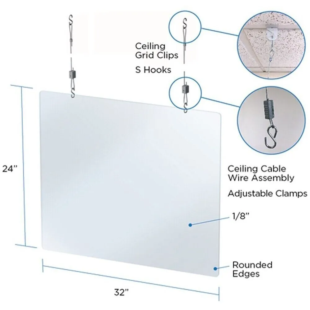 Hanging Acrylic Sneeze Guard For Reception Desk Counters / 32"W x 24"H - 1/8" Thick Acrylic