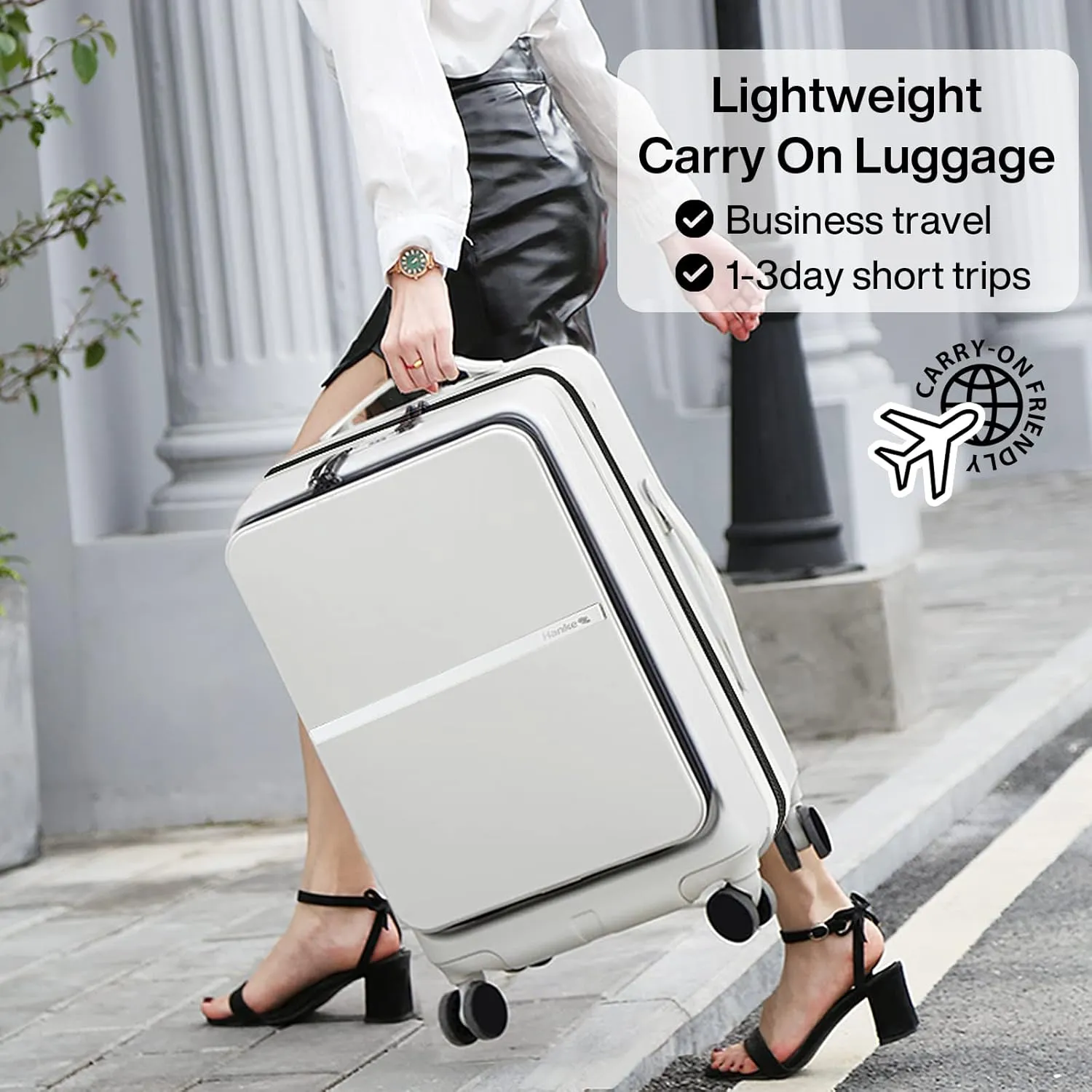 Hanke 20 Inch Carry On Luggage Airline Approved Hard Shell Suitcases with Wheels & Front Pocket Travel Luggage Lightweight Carry On Suitcase for Travel Rolling Luggage(Grayish white)