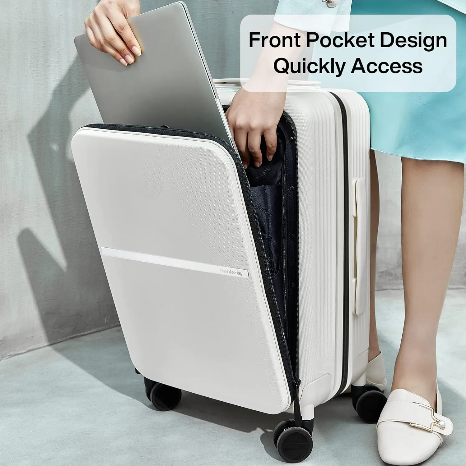 Hanke 20 Inch Carry On Luggage Airline Approved Hard Shell Suitcases with Wheels & Front Pocket Travel Luggage Lightweight Carry On Suitcase for Travel Rolling Luggage(Grayish white)