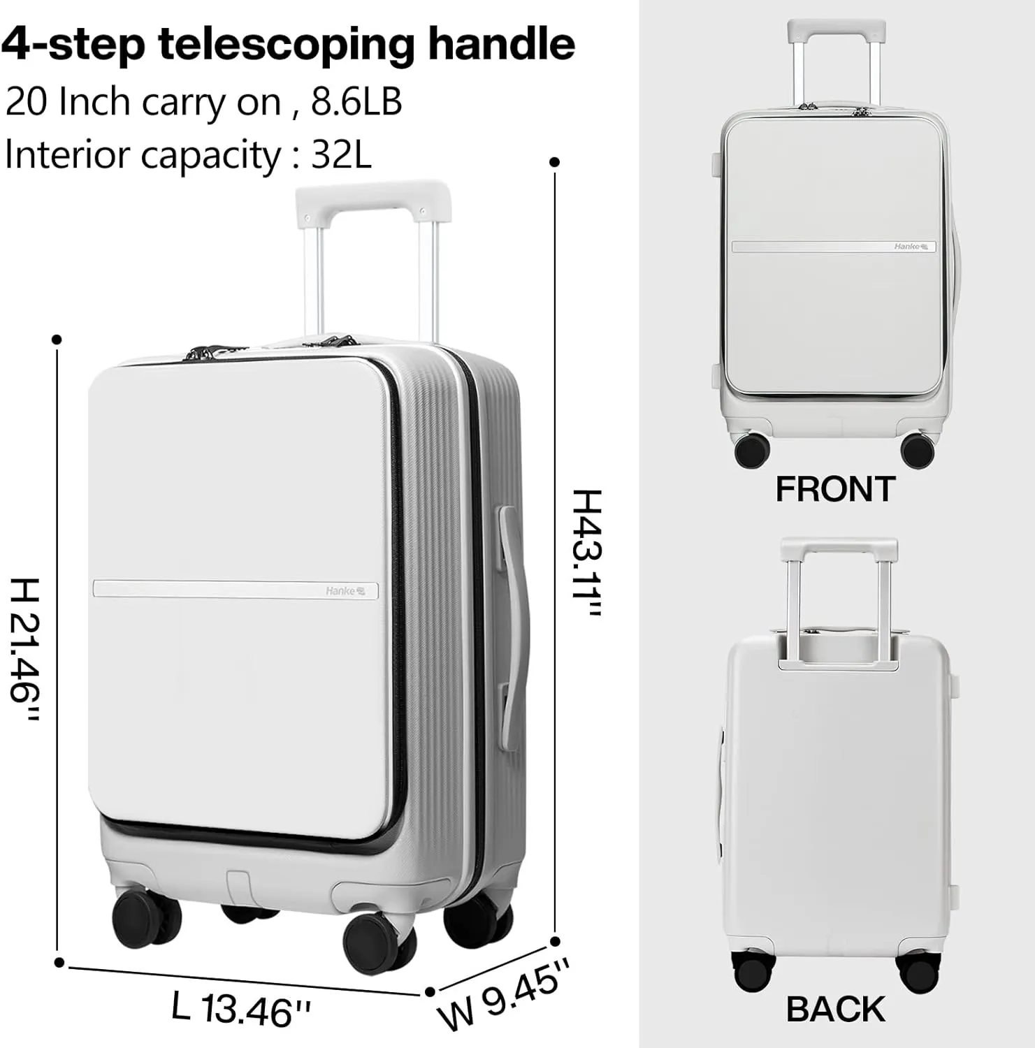 Hanke 20 Inch Carry On Luggage Airline Approved Hard Shell Suitcases with Wheels & Front Pocket Travel Luggage Lightweight Carry On Suitcase for Travel Rolling Luggage(Grayish white)