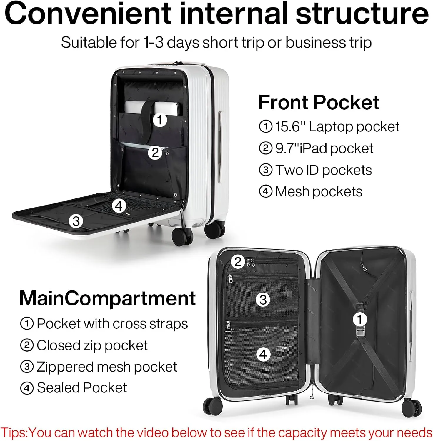 Hanke 20 Inch Carry On Luggage Airline Approved Hard Shell Suitcases with Wheels & Front Pocket Travel Luggage Lightweight Carry On Suitcase for Travel Rolling Luggage(Grayish white)