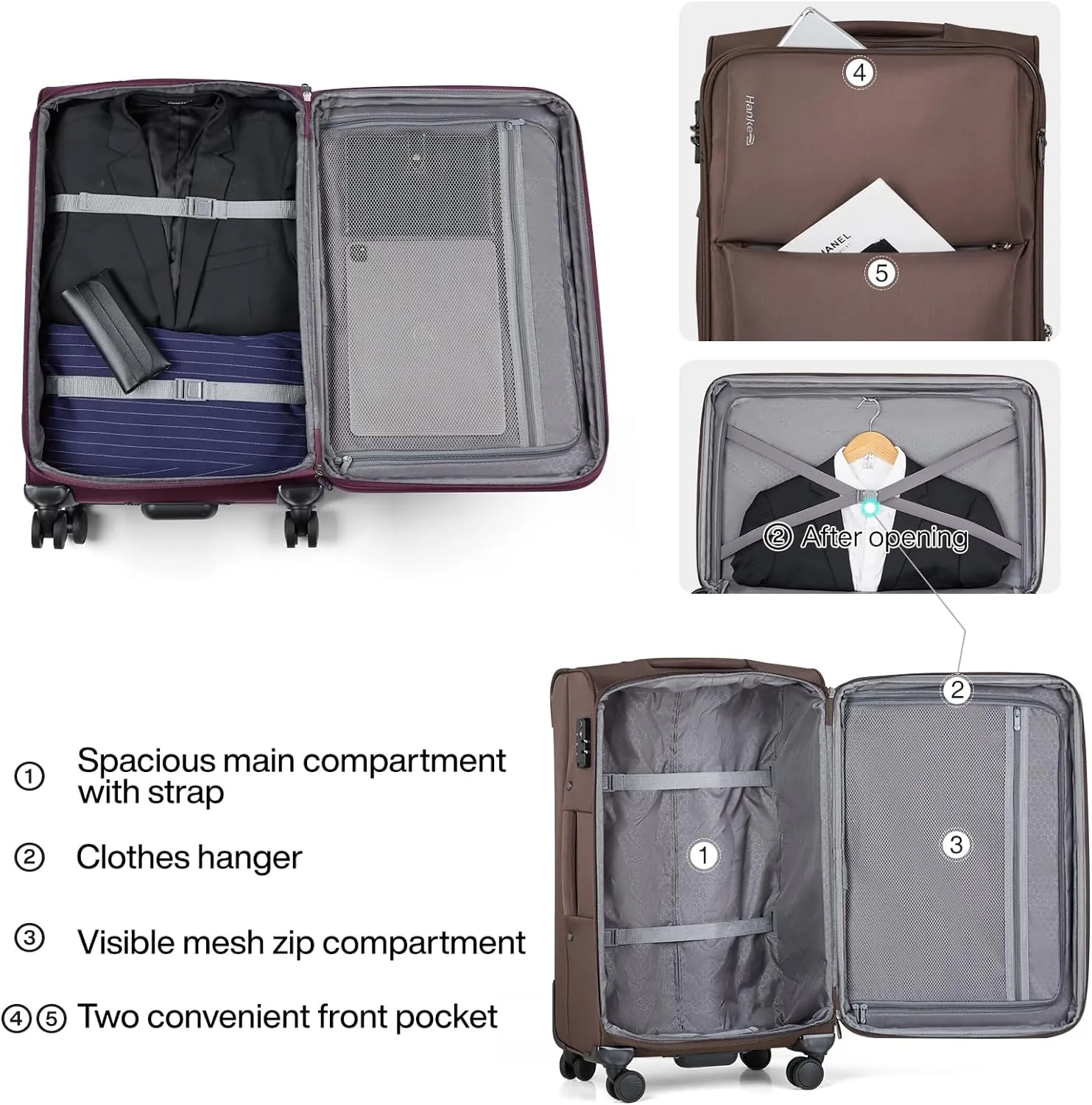 Hanke Softside Expandable 20 Inch Carry On Luggage with Wheels Airline Approved, TSA Luggage Lightweight Rolling Suitcases for Travel Carry On Bag(Coffee)