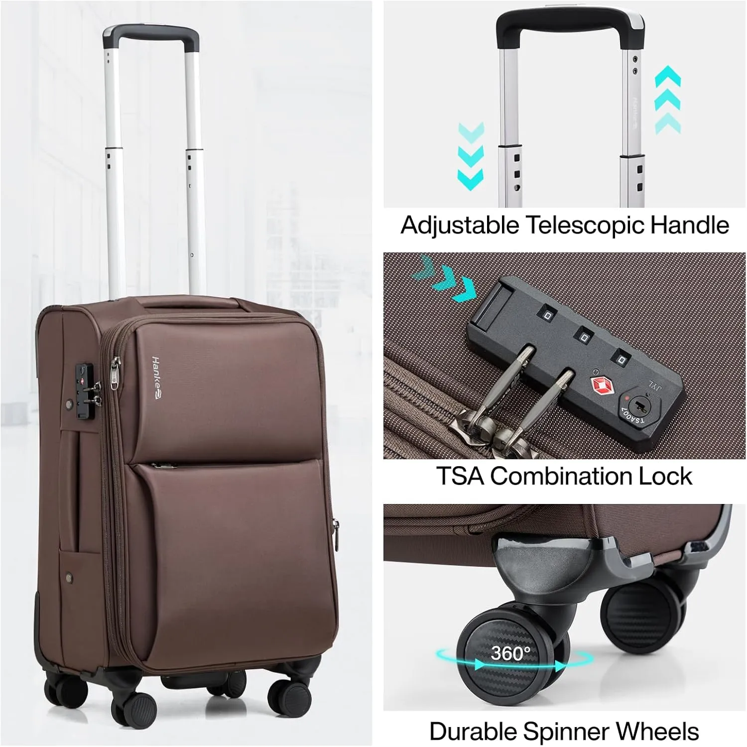 Hanke Softside Expandable 20 Inch Carry On Luggage with Wheels Airline Approved, TSA Luggage Lightweight Rolling Suitcases for Travel Carry On Bag(Coffee)