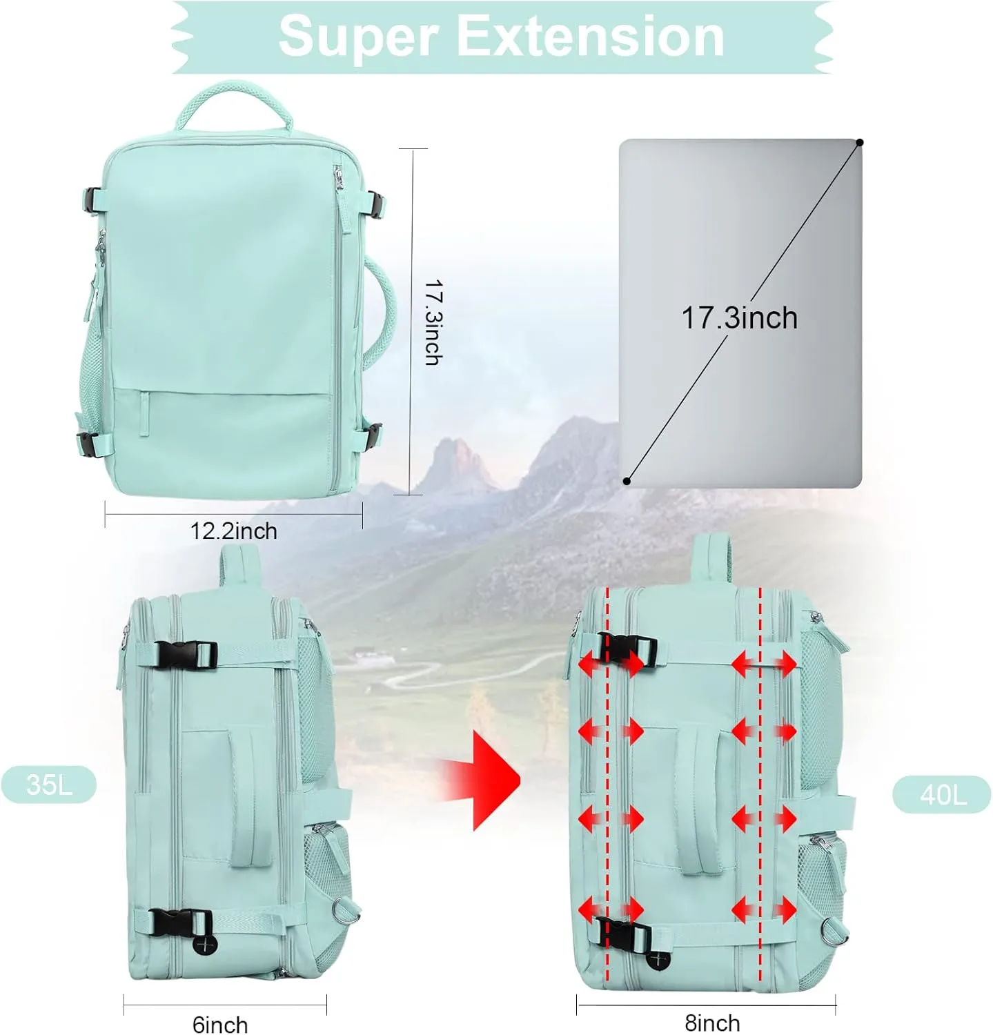 Hanples Extra Large Travel Backpack for Women as Person Item Flight Approved, 40L Carry On Backpack, 17 Inch Laptop Backpack, Waterproof Hiking Backpack, Casual Bag Backpack(Mint Green)