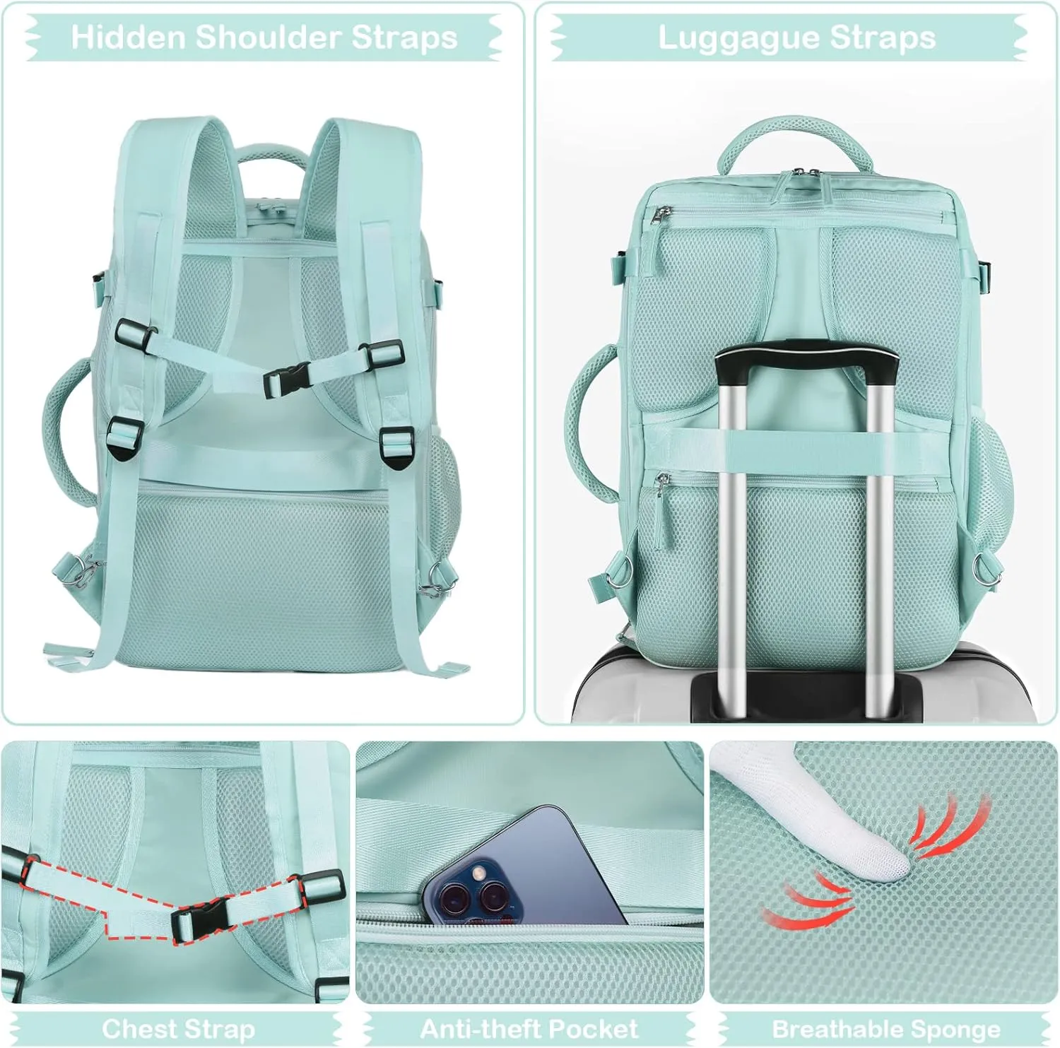 Hanples Extra Large Travel Backpack for Women as Person Item Flight Approved, 40L Carry On Backpack, 17 Inch Laptop Backpack, Waterproof Hiking Backpack, Casual Bag Backpack(Mint Green)