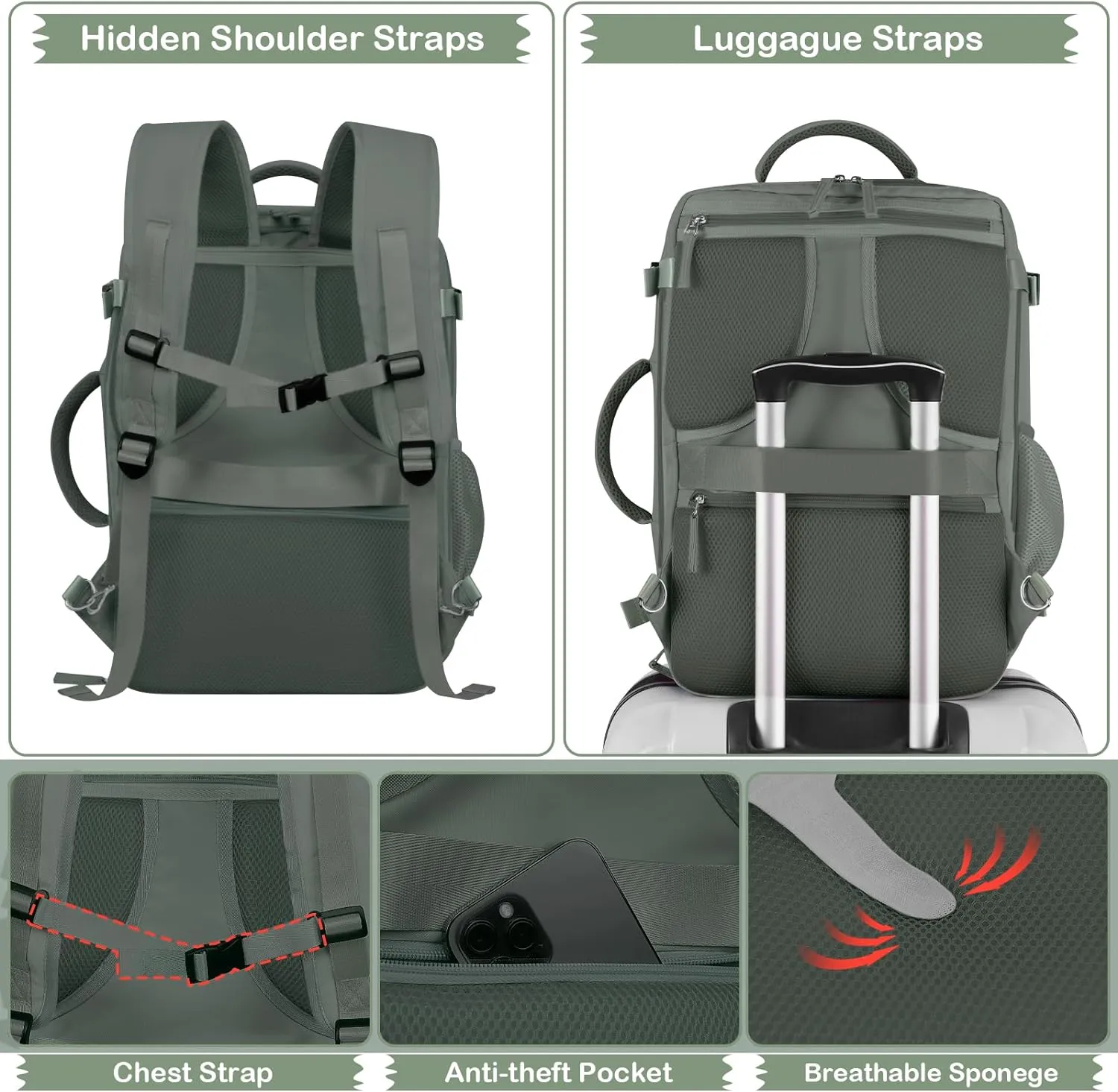 Hanples Extra Large Travel Backpack for Women as Person Item Flight Approved, 40L Carry On Backpack, 17 Inch Laptop Waterproof Hiking Casual Bag(Olive Green)