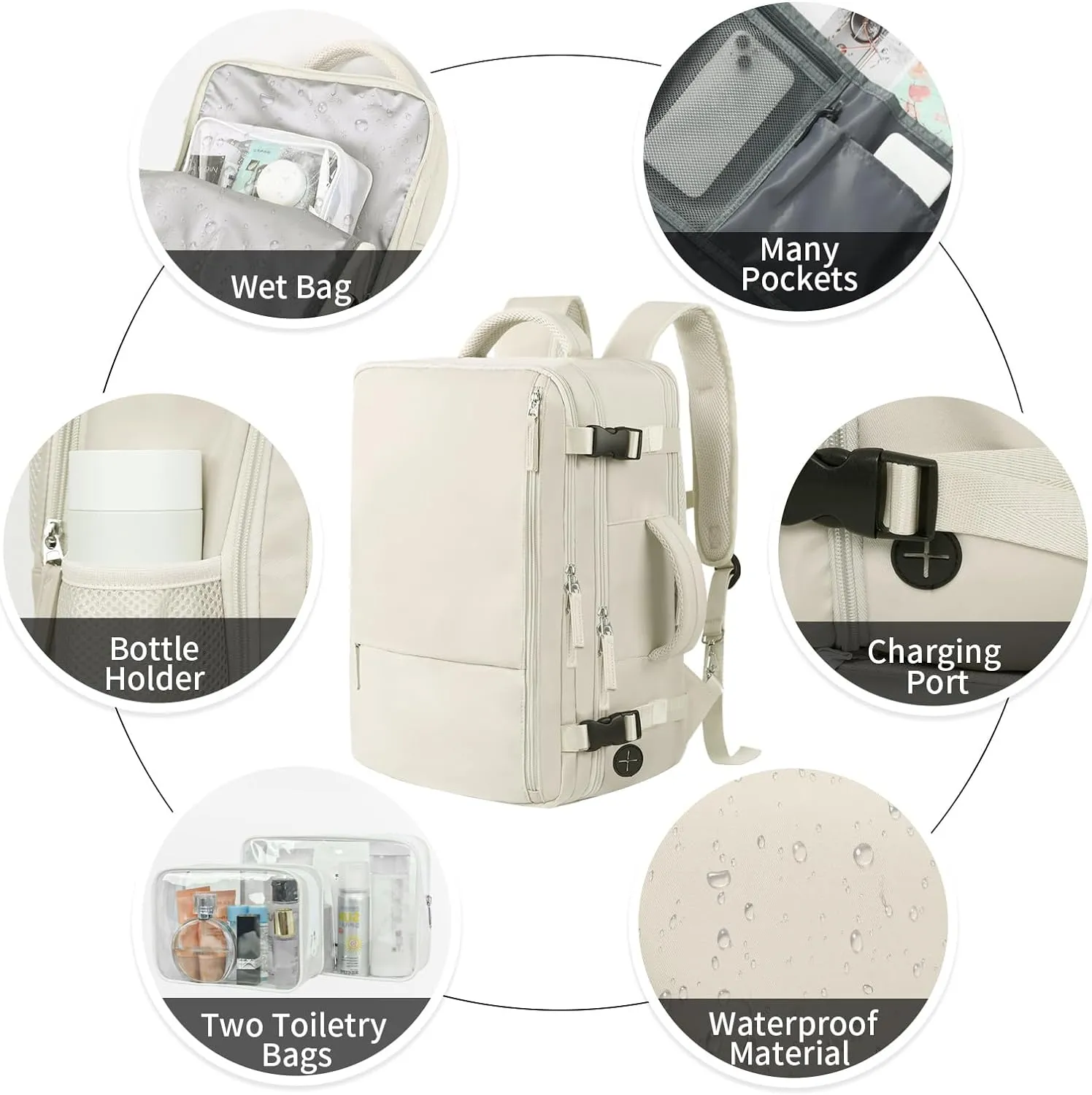 Hanples Travel Backpack for Women as Person Item Flight Approved, Large Carry On Backpack, 17.3 Inch Laptop Backpack, Waterproof Backpack, Hiking Backpack, Casual Bag (Beige)