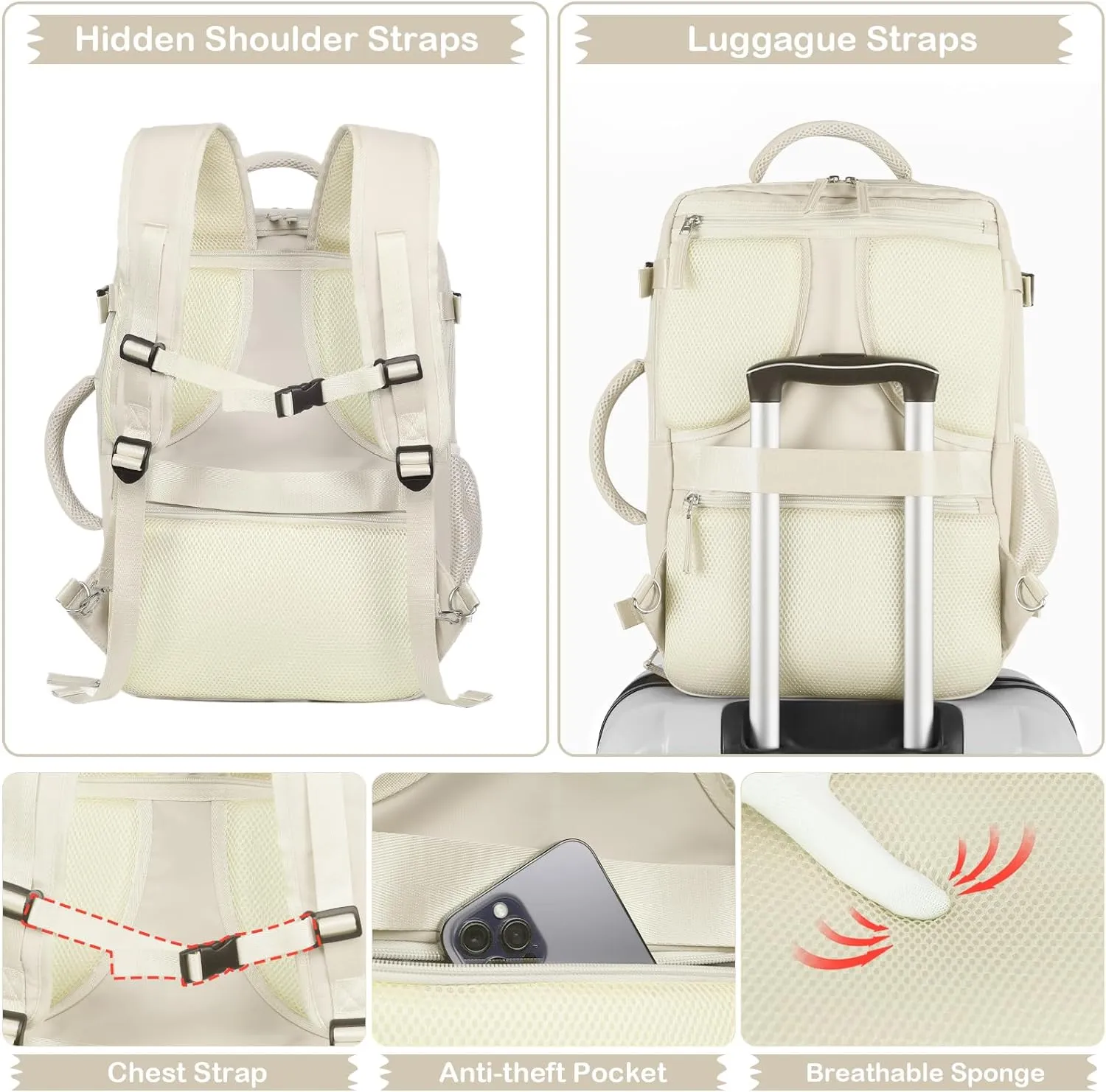 Hanples Travel Backpack for Women as Person Item Flight Approved, Large Carry On Backpack, 17.3 Inch Laptop Backpack, Waterproof Backpack, Hiking Backpack, Casual Bag (Beige)