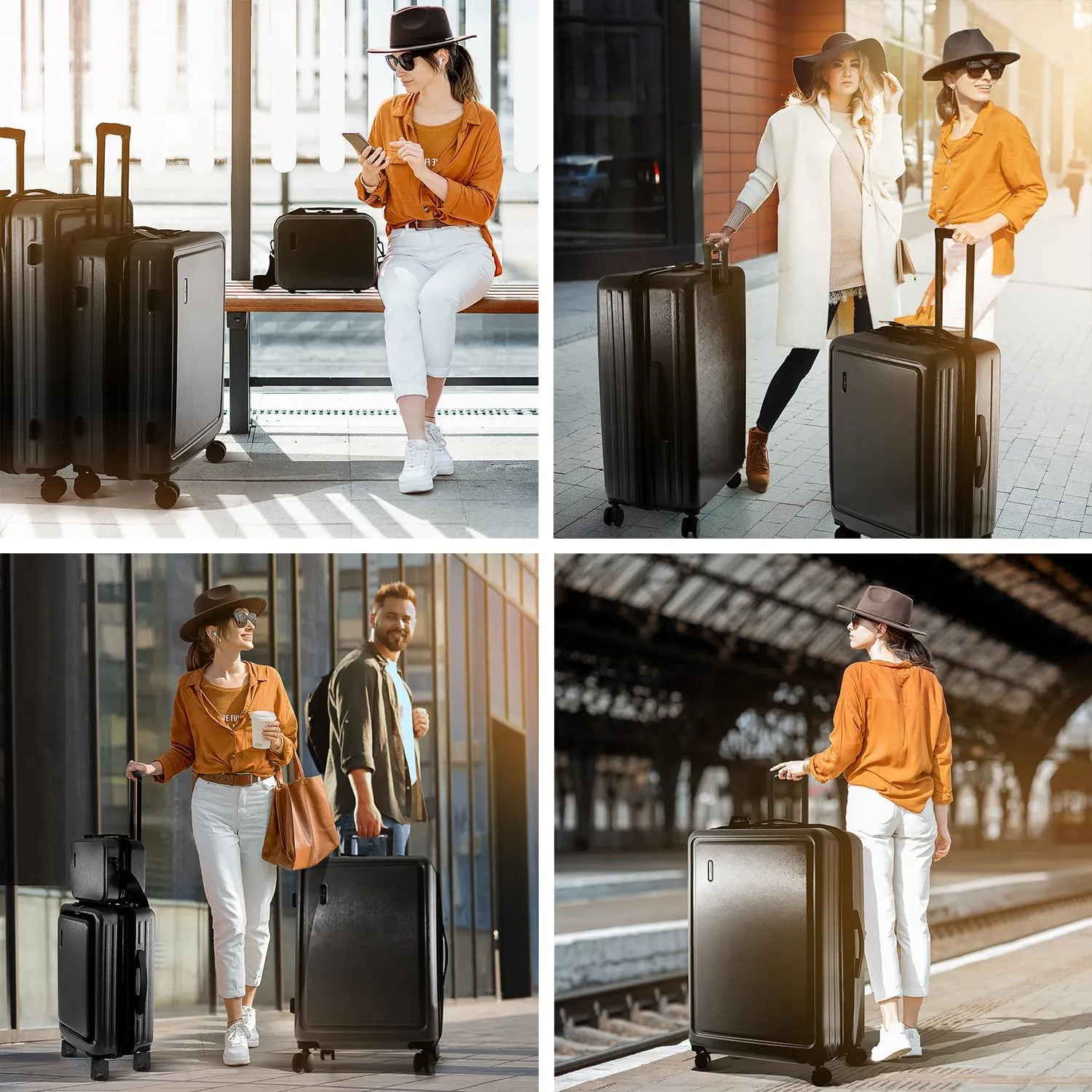 Hard Shell Luggage Sets with Spinner Wheels 4 Piece, Expandable Large Suitcases with TSA Lock, Travel Large Suitcase Set, Black Luggage Set