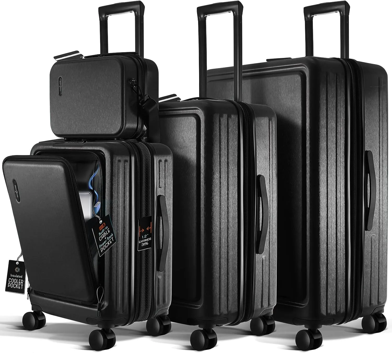 Hard Shell Luggage Sets with Spinner Wheels 4 Piece, Expandable Large Suitcases with TSA Lock, Travel Large Suitcase Set, Black Luggage Set