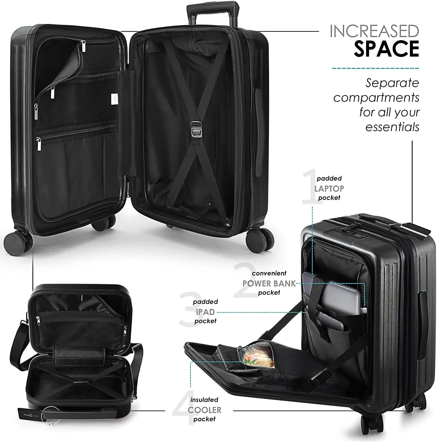 Hard Shell Luggage Sets with Spinner Wheels 4 Piece, Expandable Large Suitcases with TSA Lock, Travel Large Suitcase Set, Black Luggage Set